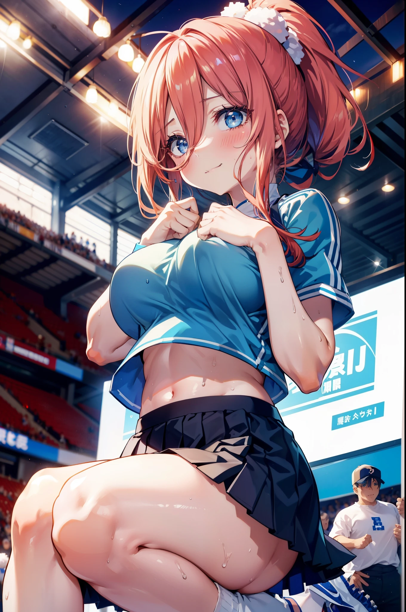 Miku Nakano, Nakano Future, long hair, bangs, blue eyes, tea hair, shirt, hair between eyes,smile,blush, mouths,Big Breasts, ponytail, Lower, ( sweaty), sweaty Wet Clothes, (blue clothes ), blue mini pleated skirt,White socks, sneakers , belly button cheering , playground, ( jump), ( jump), 両足を曲げて jumpする, air, blue sky, Compa, smileチアリーダー,(Pompoms on both hands:1.3), cheerleading ,crowd,whole bodyがイラストに入るように,
break indoors, stadium,
break looking at viewer, whole body,
break (masterpiece:1.2), best quality , kampala,unity 8k wallpaper,(shape:0.8),( fine, beautiful eyes :1.6),It's a person ,whole body写真,CG Details , (perfect hand, complete anatomy),