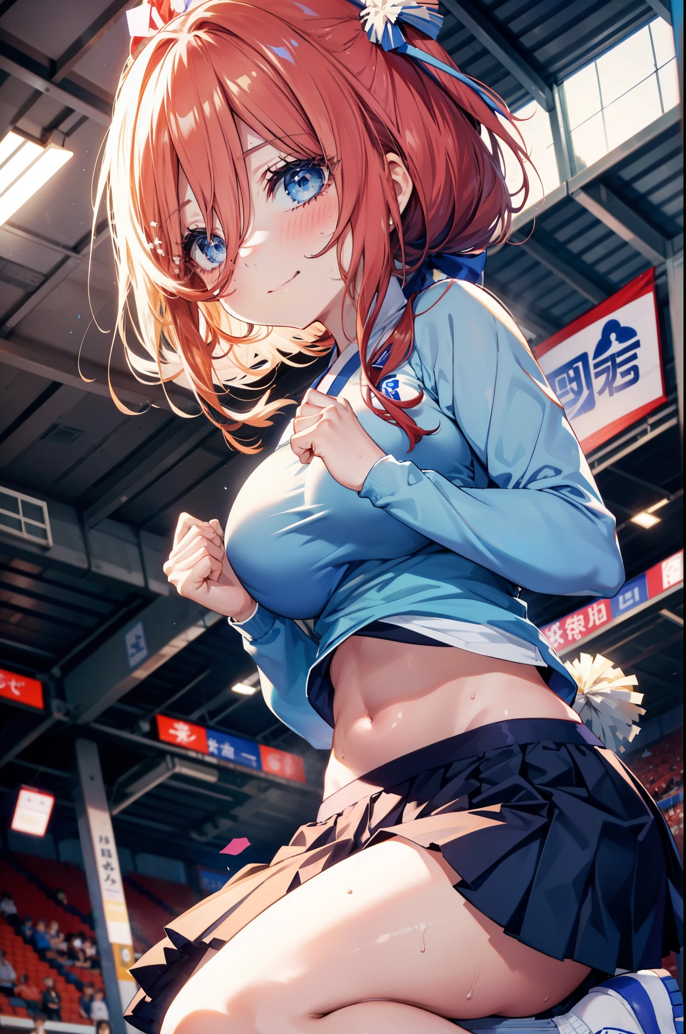 Miku Nakano, Nakano Future,  long hair, bangs, blue eyes,  tea hair,  shirt,  hair between eyes,smile,blush, mouths,Big Breasts, ponytail, Lower, ( sweaty),  sweaty Wet Clothes, (blue clothes ), blue mini pleated skirt,White socks, sneakers , belly button cheering , playground, ( jump), ( jump), 両足を曲げて jumpする, air, blue sky,  Compa, smileチアリーダー,(Pompoms on both hands:1.3), cheerleading ,crowd,whole bodyがイラストに入るように,
break indoors, stadium,
break looking at viewer, whole body,
break (masterpiece:1.2), best quality  , kampala,unity 8k wallpaper,(shape:0.8),(  fine, beautiful eyes  :1.6),It's a person ,whole body写真,CG Details , (perfect hand, complete anatomy),