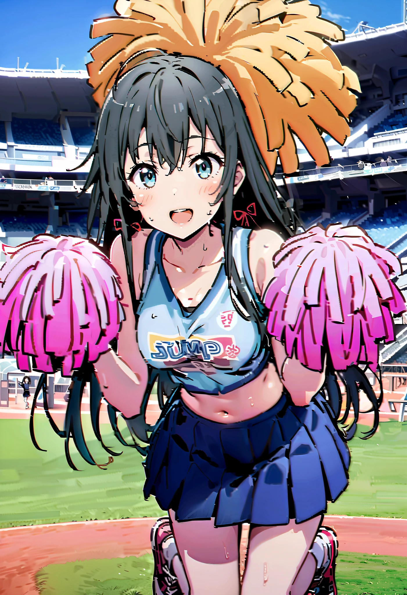 Yukinoshita Yukino, Yukinoshita Yukino,  black hair, blue eyes,  long hair, stupid hair,smile,blush, mouths, Lower, ( sweaty),  sweaty Wet Clothes,  sleeveless,(blue clothes ), blue mini pleated skirt,White socks, sneakers , belly button cheering , playground, ( jump), ( jump), 両足を曲げて jumpする, air, blue sky,  Compa, smileチアリーダー,(Pompoms on both hands:1.3), cheerleading ,crowd,whole bodyがイラストに入るように,
break outdoors, stadium,
break looking at viewer, whole body,
break (masterpiece:1.2), best quality  , kampala,unity 8k wallpaper,(shape:0.8),(  fine, beautiful eyes  :1.6),It's a person ,whole body写真,CG Details , (perfect hand, complete anatomy),