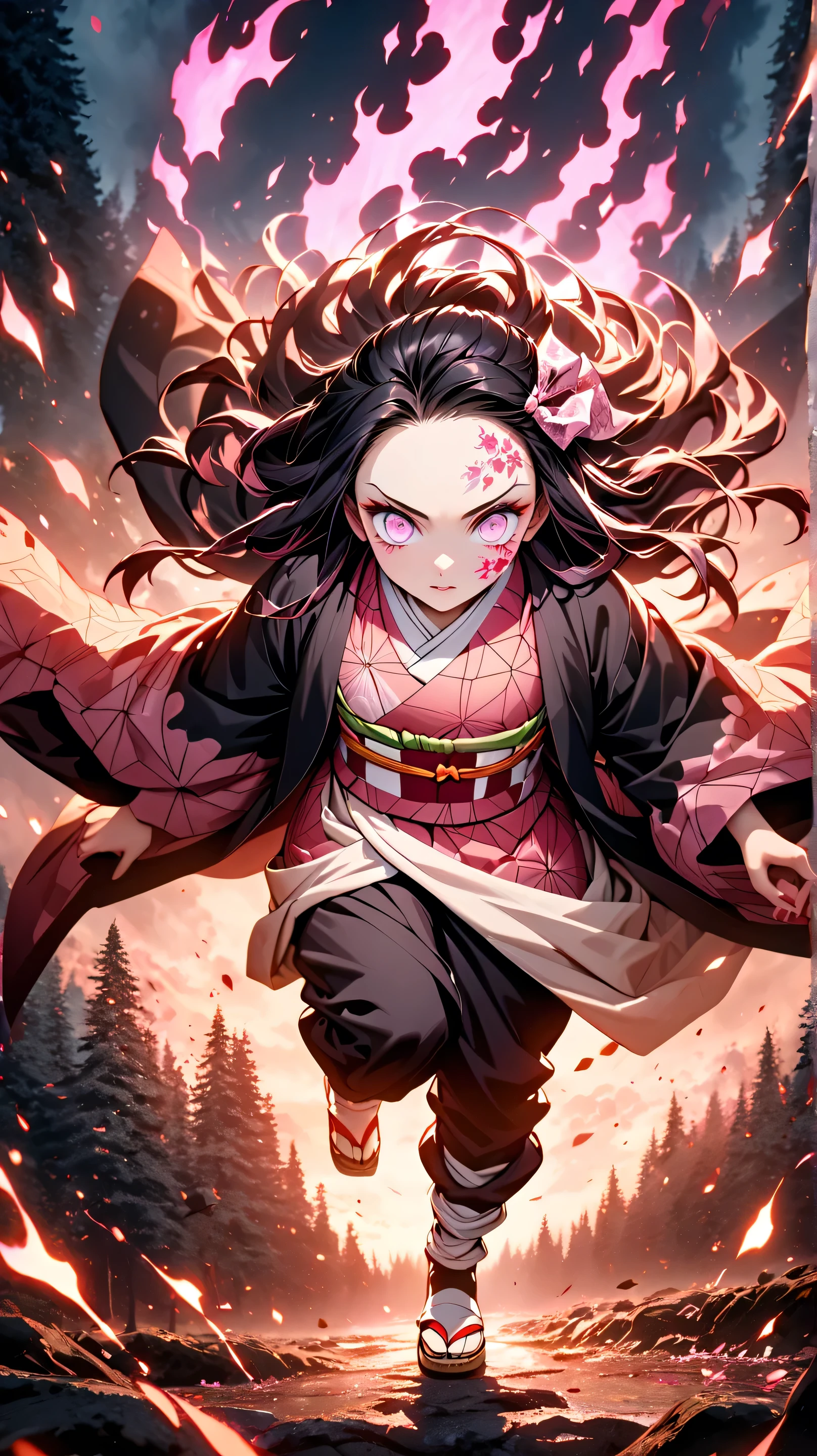 symmetrical,absurd, highres, ultra detailed , HDR, masterpiece , extremely detailed face and purple eyes, Nezuko Kamado, Kimetsu no Yaiba, Alone, woman, handsome , epic battle scene , glowing glitter , , Flame effect , flame aura effect , artfully detailed, upper body , 1Girl, Hitonetsuko, pink Kimono, Haori, sandals , checkered ribbon , hair bow, Pink eyes, Cherry blossom and forest background, look at the viewer ,