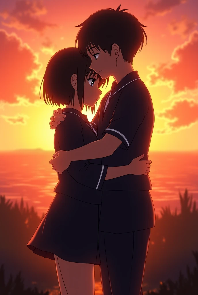 shinkai makoto, kimi no na wa., 1girl, 1boy, bangs, black hair, blush, (boy wear Suspender Clothes), ((girl wear maid dress, short dress, short skirt, maid headdress), bow, ribbon, short hair, cute, love, couple, adorable, Off-the-shoulders, dating, (((kiss, deep kiss, tongue, saliva))), closed eyes, bracelet, passionate hug, wet, under a tree and it rains, (Wet body, wet hair, soaking wet, dripping water), flower field, night, night sky, cloudy, dynamic lights