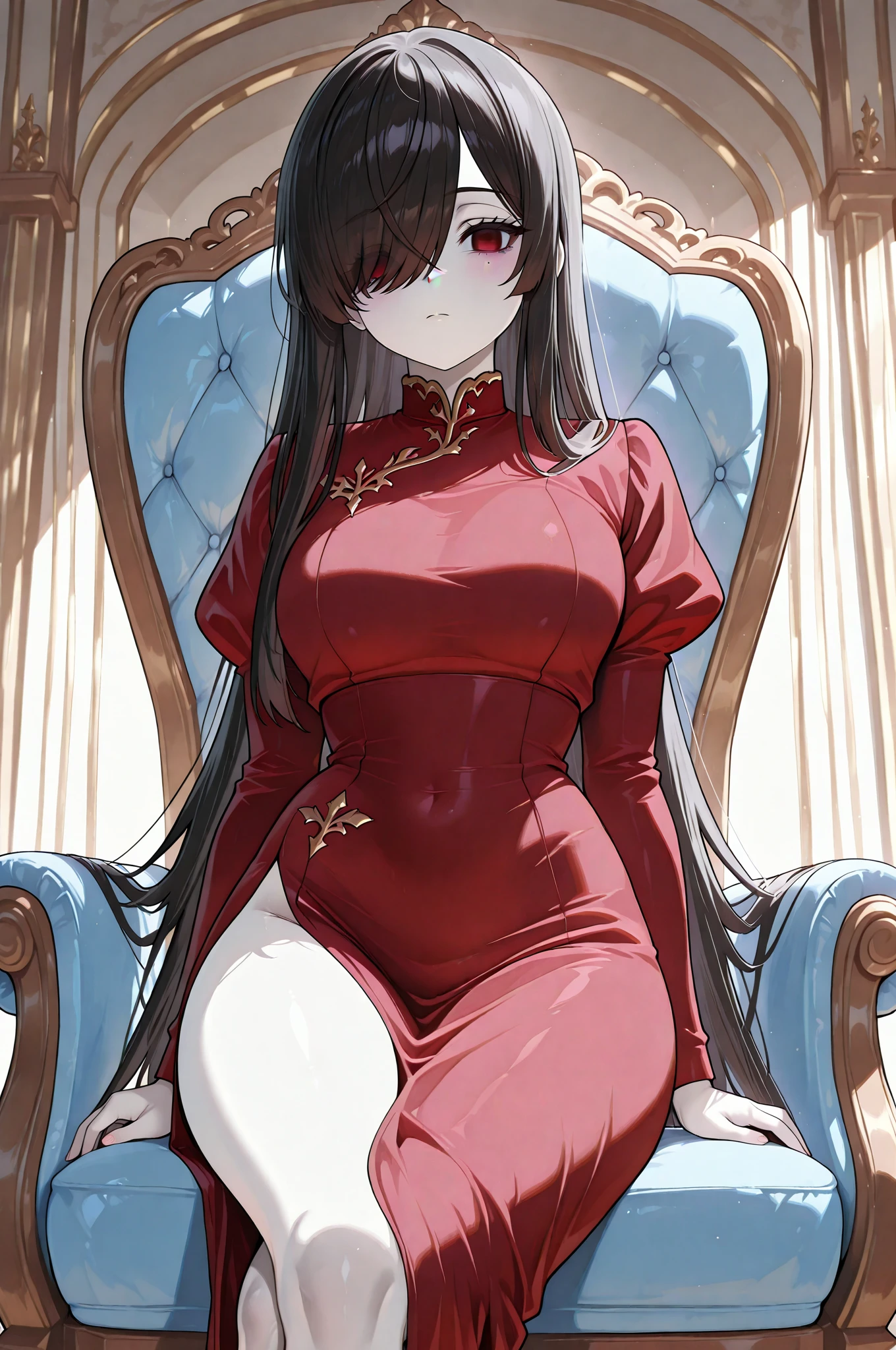 1girl, beautiful, vampire goddess, brunette very long hair, red eyes, sexy body and big breast, wearing a sexy red dress, ultrasharp, looking at the viewer, ((best quality)), ((masterpiece)), (detailed), perfect face,