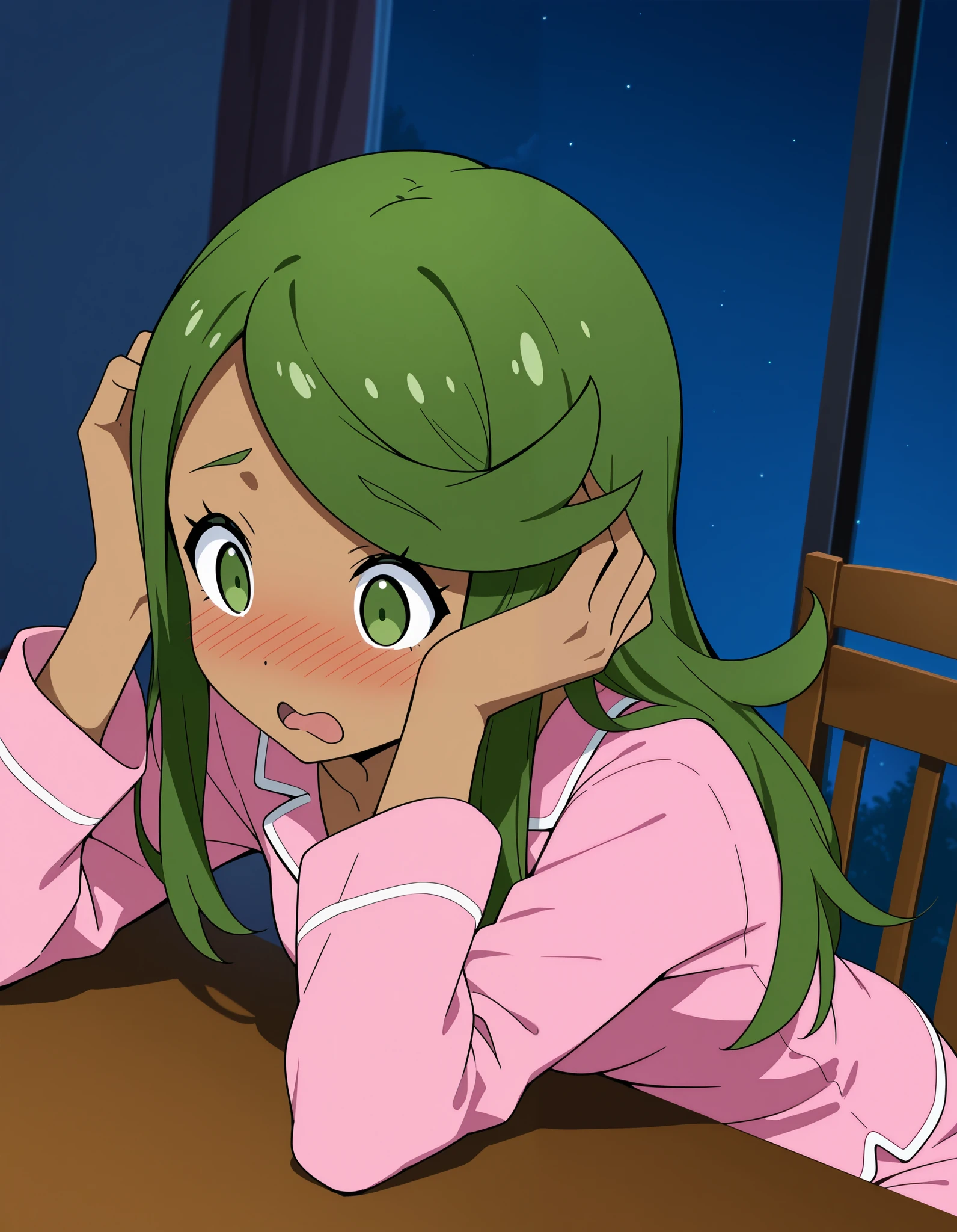 score_9, score_8_up, score_7_up, source_anime, mallow, 1girl, solo, long hair, hair down, , green eyes, roll round and round eyes , green hair, dark skin, dark-skinned female, lovely small breasts, swept bangs, mallow (pokemon), a confused face, open mouth, looking down, head down, nose blush, blush, collarbone, pink silk pajamas, indoor, bedroom, night time, table, chair, sitting on chair, leaning forward, , arms on table, hands on own head, holding own head, lie face down on the table. Dutch angle.