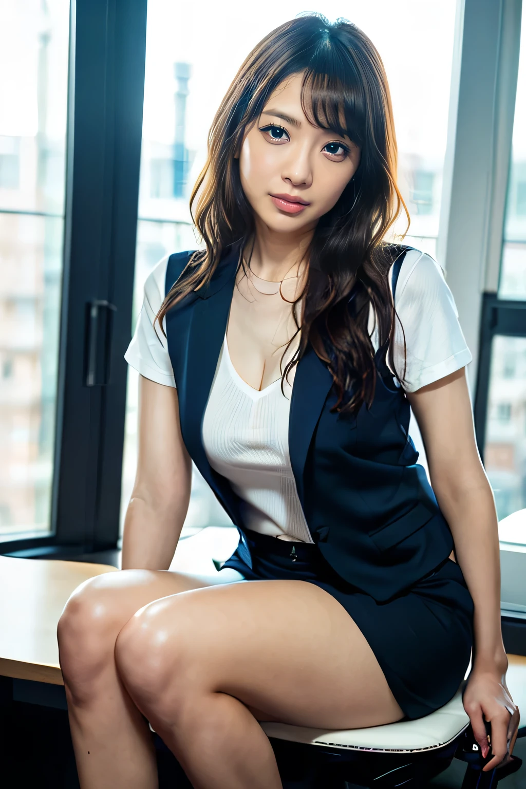 Young beautiful sweet Bogor city girl, 30 years old, mixed descent from sundanese and Javanese, slim body, greek nose, nate medium long hair with a bangs, nubian nose, georgeus sweet face, wearing office shoes, wearing blue tank top shirt that covering her bra under her blazer, wearing office long sleeve blazer, wearing calf long office skirt, wearing lace soft cup bra under her dress and her blazer, wearing white Lace panty under her skirt, sassy local tv anchor, squatting very sensual crossing her legs presenting the news on TV, smart face, serius reading eyes, very realistic, very detail, no cartoon, normal all fingers shape,
