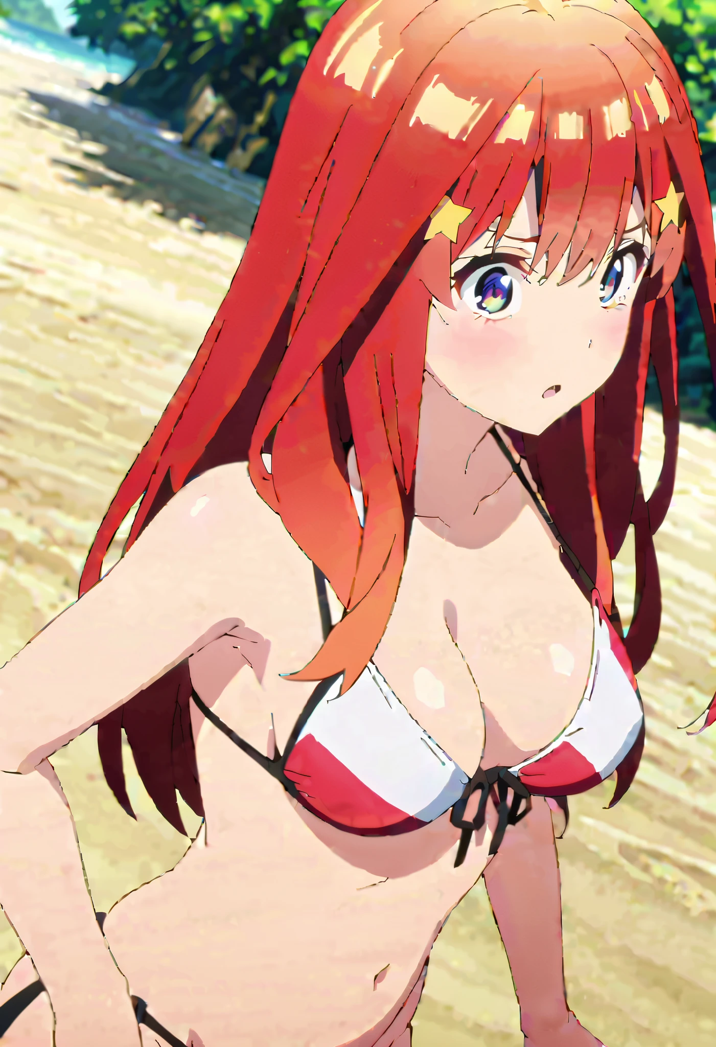 masterpiece, best quality, anime art style, yuuka, shoulder-length wavy brown hair, emerald eyes, (((big breasts))), (((orange bikini))), playing on the beach, navel uncovered, chest in sight, legs in the sand, (((full sensual body)))
