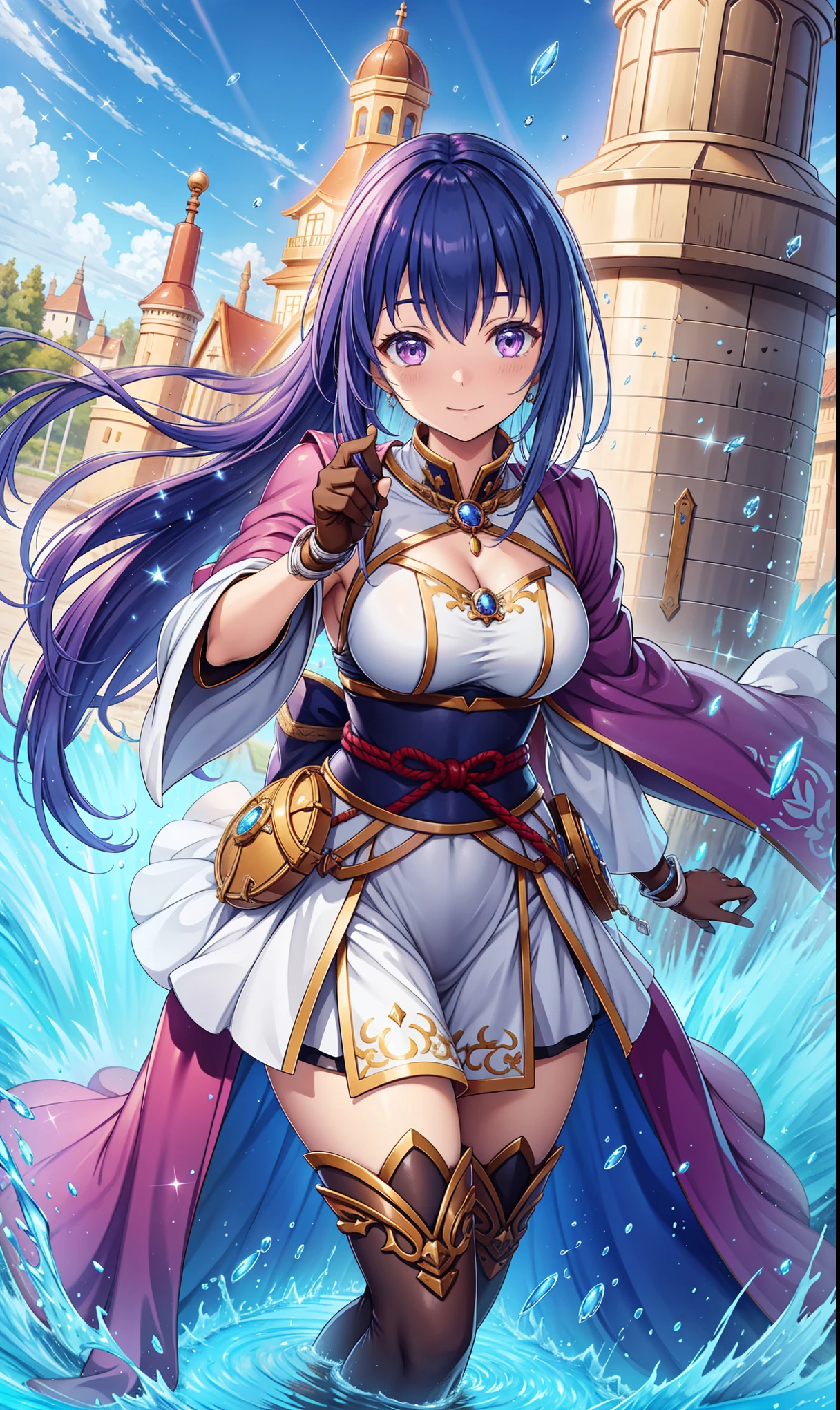  Super High Resolution Ultra High Quality 、 Japanese cartoon 、Zoom in Zoom in  、 Smile、Fantasy 、Mage、 High Quality Clothes Textures , Realistic Textures of Materials ,  Luxurious Adventurer Outfits ,  Sparkling Gems , Silver decoration, platinum, Brown leather gloves, Over-the-Knee Dress , joy,  Beautiful Girls Have Great Shapes,  Lavender Hair , Eye highlights, Navy purple eyes,  upper body, Break, Blue sky,  near the clear stream,  Meadows with No Buildings 