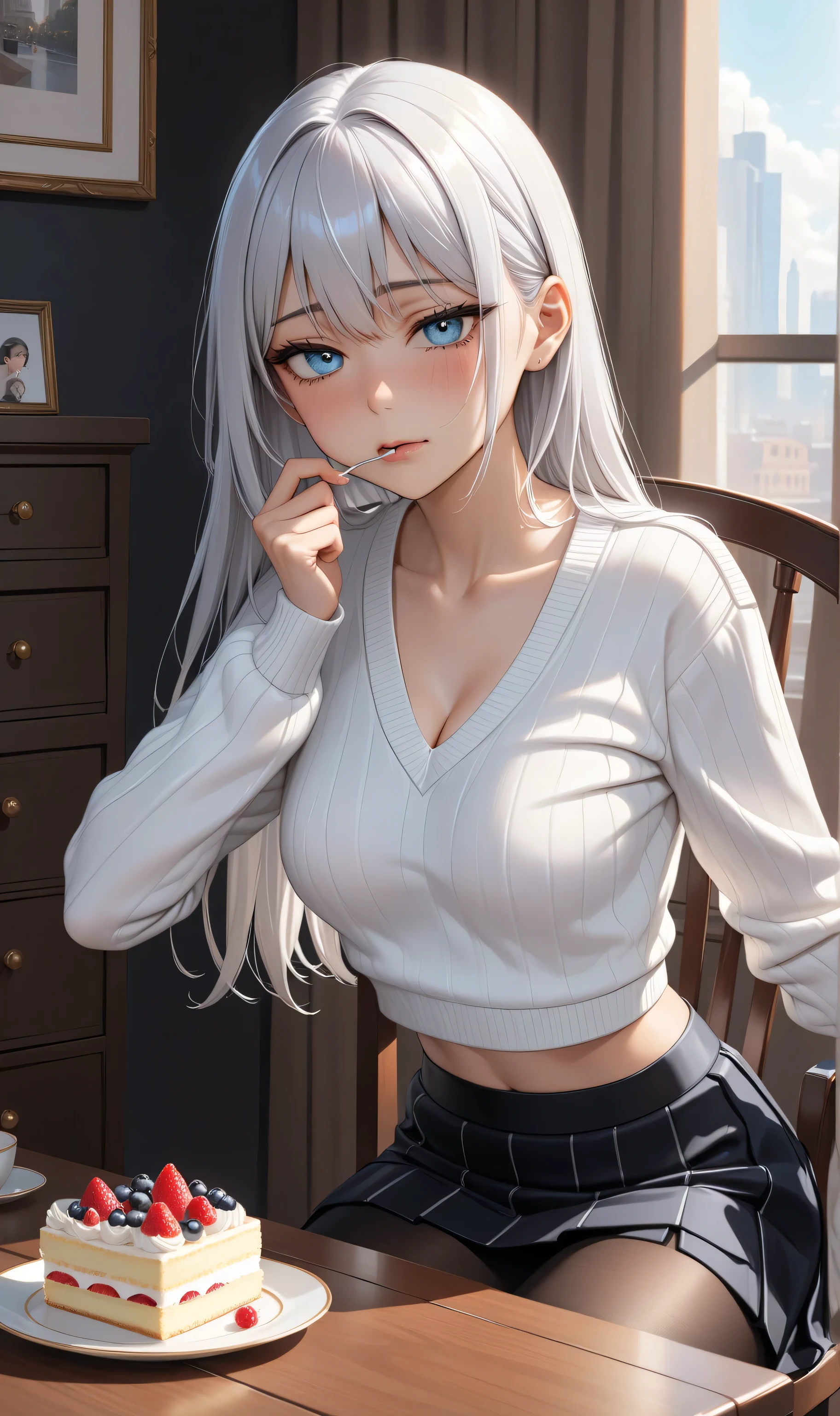 Character Details:, - Gender: 1 Girl. - Style: Anime, - Body Type: Attractive body, nice body, nice legs, tights, nice arms, nice shoulders. - Breast: (Breast:1.2)- Facial Feature: Beautiful, Gorgeous, Teenager, Fresh, Young. - Expression: Small smile, shy Look, (blue pink eyes). - Hairstyle: Blunt Bangs. - Hair Color: (White Grey Hair:1.5), (Straight and Wavy Long Hair:1.3), - Clothing: (Urban Jacket:1.4) (Black Tank Top:1.2) (White Knife Pleated Skirt:1.2) (Stocking:1.2). - Body Pose: (Sitting on bed:1.3), (Hands down). - Behaviour: Waiting, Want Something, Secretly. - Accessories: Earrings, Thin Black Headband, Green Accessories, Environmental Details:, - Setting: Bed Room., - Lighting: Natural Light., - Decoration: Modern Bed, Chair, Window, White Curtain, City View. Top view. pov, anime style, UHD, retina, masterpiece, accurate, anatomically correct, textured skin. One Hand on cheek, one hand down.