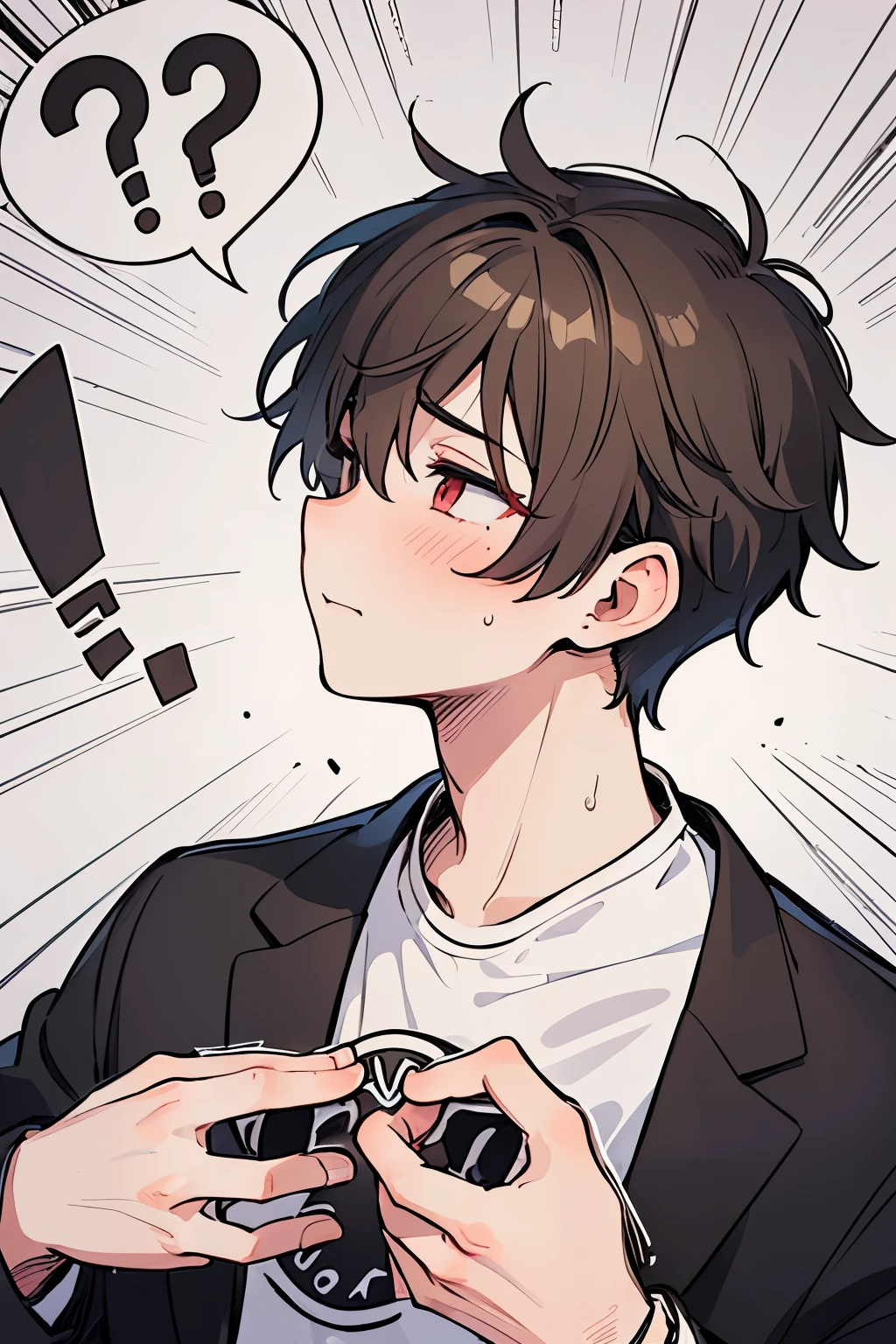 ((1-boy :1.5)),(Man 120 %:1.5),hypnotism,((Many question mark:1.25)),Short Hair, brown hair,♥️,(NSFW:0.5),(ahegao:0.8),slouch,Agony,(Intense pleasure, convulsions:0.75),Nervous,(heart eye:1.0), Punk Gothic , SEX with the giant's uncle,((looking side:0.8)),(impact:0.85)