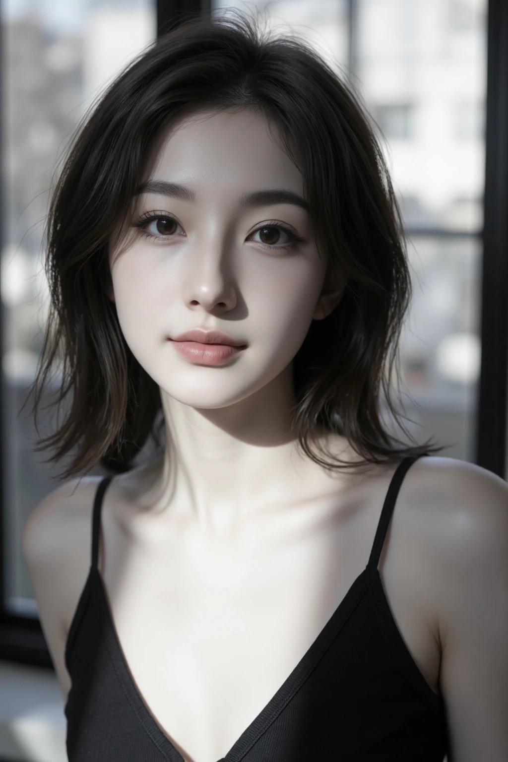 (masterpiece), (Highest image quality), 8K resolution, Super detailed, Super detailed, realism, realism,cinematic lighting、perfection、soft light、High resolution skin:1.2、(1girl)、tifa、Final Fantasy VII、Tifa Lockhart、30 years old mature woman、realistic skin texture、no make-up face、small face、off shoulder、Bust B Cup、exposed cleavage、short hair、full nude、Light gray background