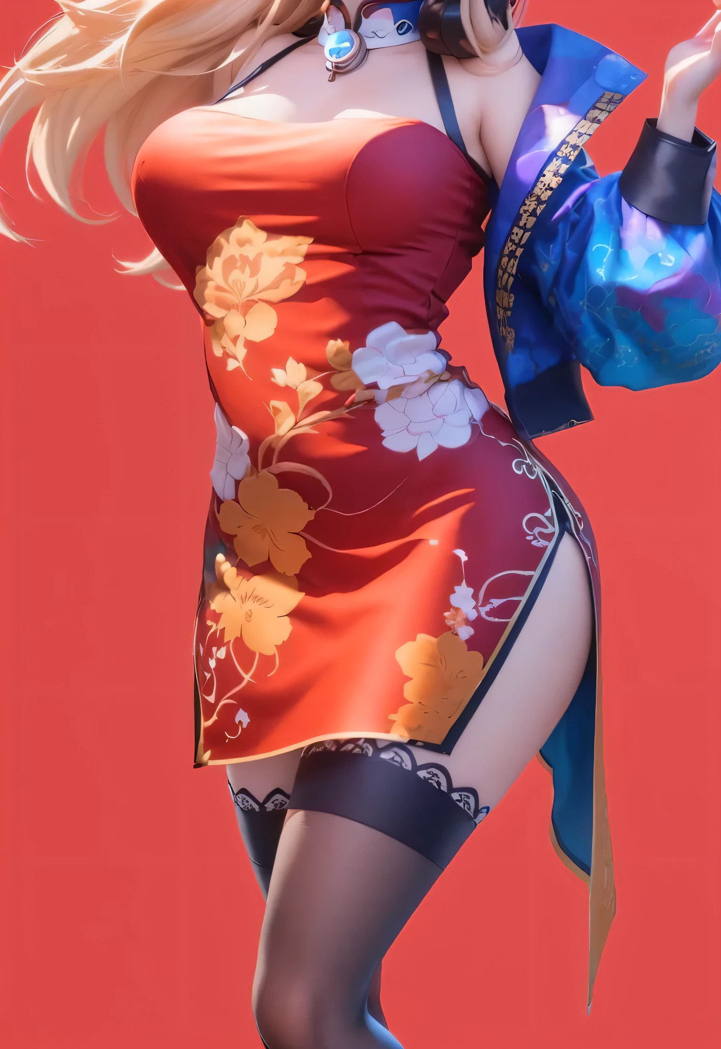 masterpiece, best quality, DakiV4, 1girl, solo, white skin, long hair, breasts, looking at viewer, smile, hair ornament, thighhighs, cleavage, very long hair, underwear, panties, white hair, multicolored hair, green hair, makeup, fingernails, hands on hips, gradient hair, facial mark