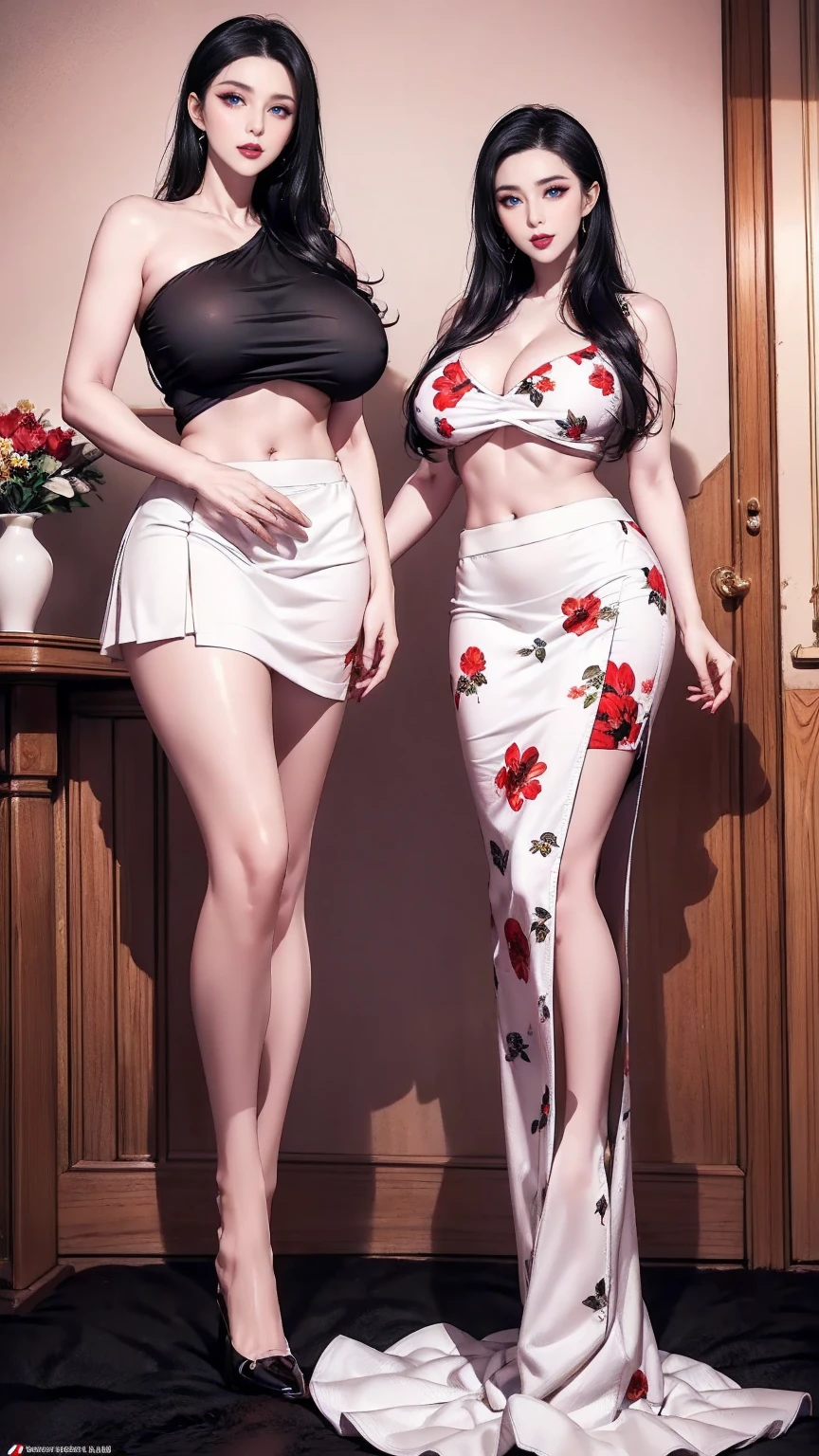 NSFW,(Natural finger shape:1.5),((Full Body Shot,Including face)),Standing position,4K,masterpiece,((Focus on the face)),((Symmetrical facial features)),Eye for detailed depiction,Beautiful woman,Excellent style,Beautiful feet,(Small Ass,Thin thighs),(Black Stockings:2,High heels),Facial detailing,Small earrings,necklace,Low angle photo,((Knitted sleeveless top,Red long skirt)),Lying on the tiles,blue blonde,(Panty shot:1.5)