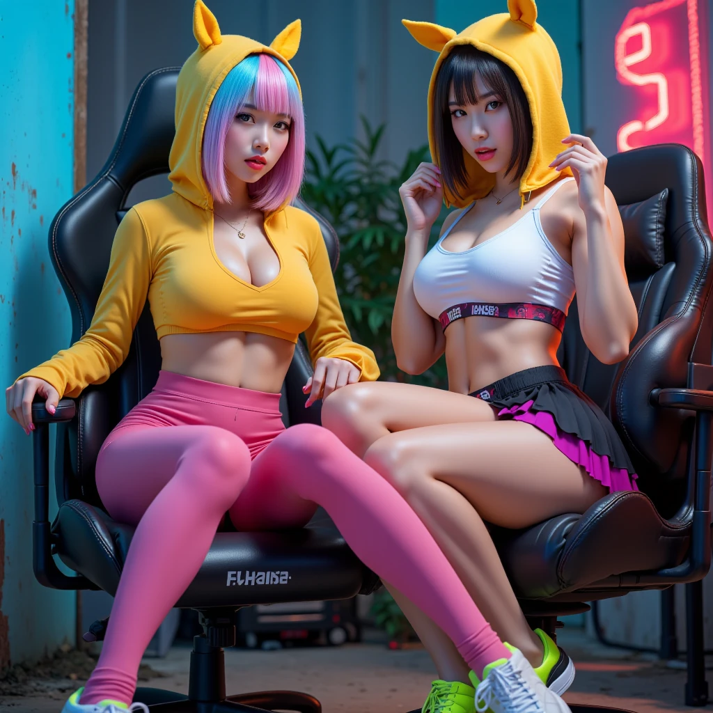 Two kneeling sycophants, bikini Aimei, wearing stockings, hosting the show, s,Pink double-tailed hair and cyan eyes,Anime little girl costume,The little girl cocked her in the face, astonishment, (Shiny tights), camel's paw, Bondonas, Thick thighs, full-body view, ((looking at viewert)), ((dynamic angle)), ((dynamicposes)), ((completo)), Look back, finely detailled, Realistic face, photorealistic eye, Tomoe Elementary School, Flower garden, sky, Pink schoolbag with hanging decorations, Look at the cat, ArtbyNoise, (((perfectly shaded)), Best shadow, best illuminate