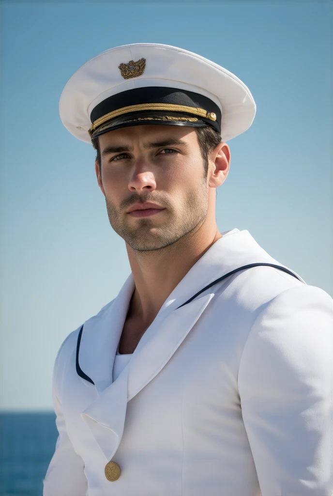 masterpiece, best quality, high resolution, A man, with sailor clothes, bare chest, sailor hat, in the background a boat, amazing composition, front view, HDR, volumetric lighting, ultra quality, elegant, highly detailed