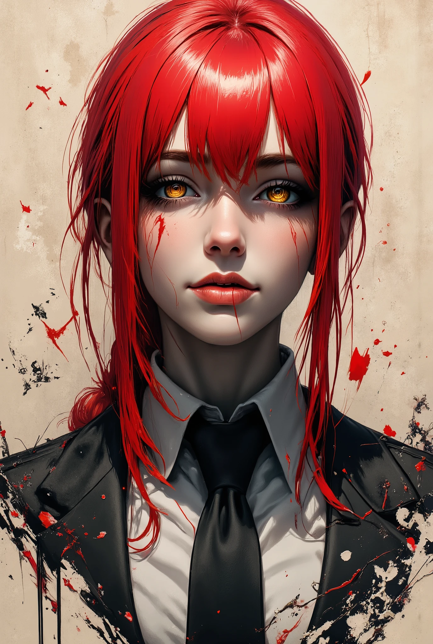 a female portrait, black and white sketch painting, old yellowed parchment, ink blots, bold black strokes, simple composition, striking usage of minimal red strokes, touching, kind eyes, elaborate red hair, dark makeup, MAKIMA