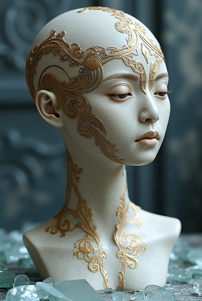 (masterpiece, side lighting, High Dynamic Range, realistic, high definition), raw photo, 8k ((surreal)) alien marble sculpture sitiontatue, intricate, elegant, highly detailed, majestic, digital photography, art by Artgerm and Ruan Jia and Greg Rutkowski surreal painting gold and silver filigree, broken glass,