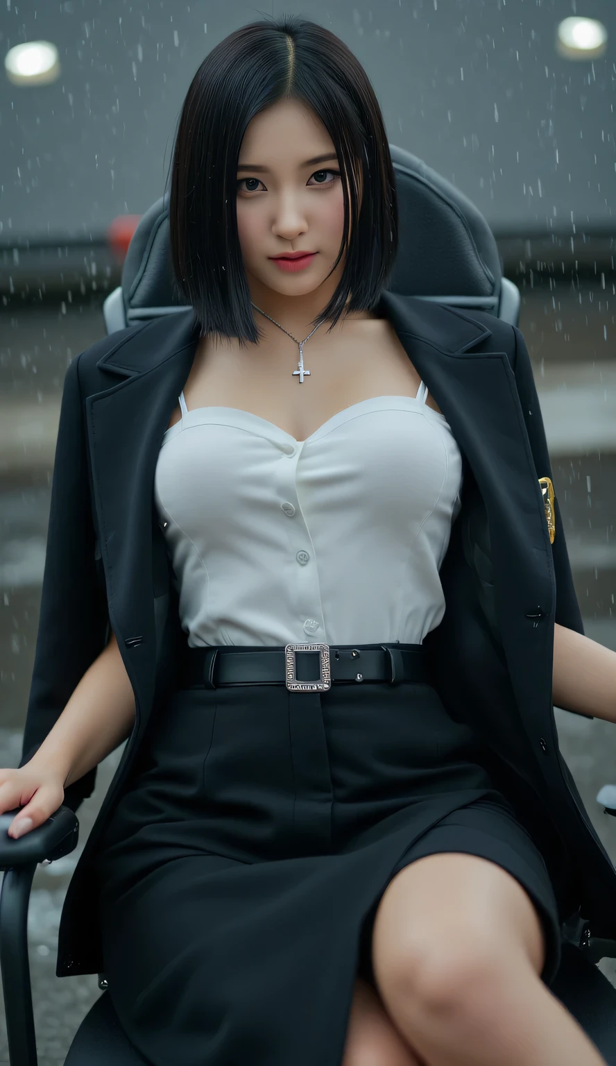 a female captain , sitting in a front-facing chair , in the middle of the rain, use a long oversize military uniform until the white color butt is unbuttoned, use a long skirt to the legs of black color, has a pistol at the waist , big and round boobs , very slim body , using a cross necklace