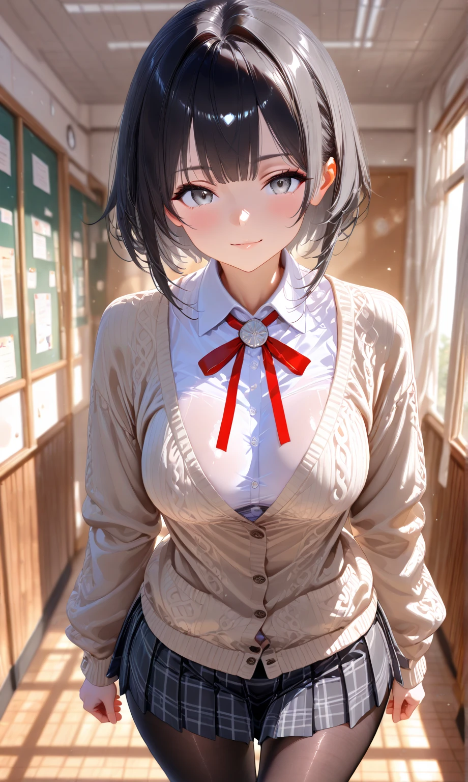 (Browsing Caution), One Girl, class room, Confused and tearful、Sweat、 shortsleeve serafuku, sailor collar, ,Color Hair Color, Small breasts、blush, bow, 赤いbow, Long sleeve, shirt, 襟付きのshirt, skirt, プリーツskirt, 黒いskirt, Small breasts, {{{Face close-up}}},Upper Body,,((Pay attention to the panties)),High quality underwear, Look down,View your audience, (((Panties as a gift))), Her grey panties are wet in the center, Tabletop, Highest quality, , Absurd, Perfect Skin, Detailed skin texture, Super detailed, 8K, Intricate details, Beautifully detailed face,High resolution, {{{Shadowed face}}}, mock, {{{Through clenched teeth:1.2}}}, Grin, smile, 視聴者をLook down, masterpiece,Absurd, Beautiful details when viewed from the front,Japanese cute face