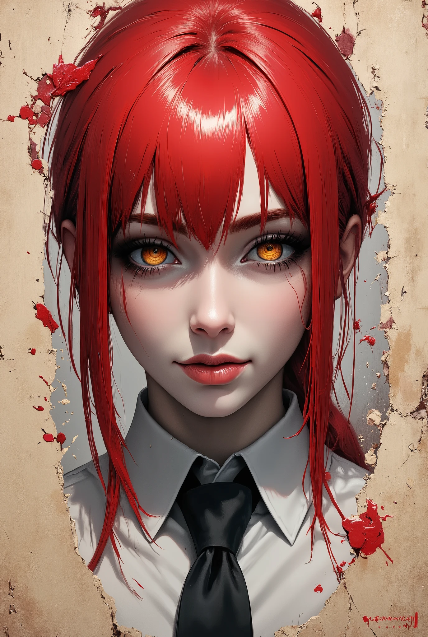 a female portrait, black and white sketch painting, old yellowed parchment, ink blots, bold black strokes, simple composition, striking usage of minimal red strokes, touching, kind eyes, elaborate red hair, dark makeup, MAKIMA