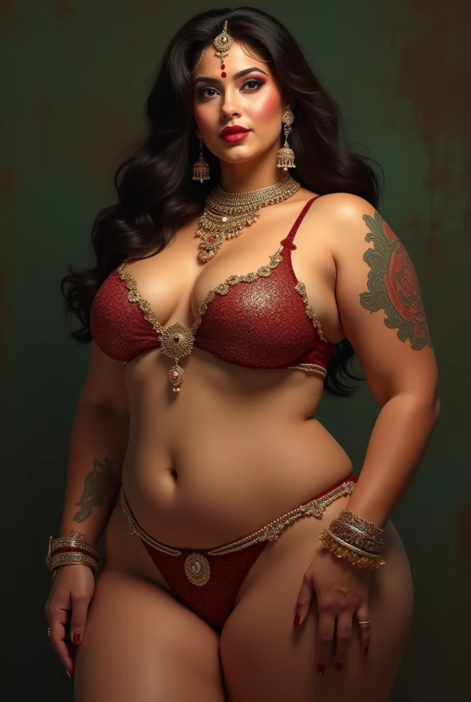 a beautiful woman, slender and curvy, (detailed large breasts:0.75), slightly toned stomach, ample hips, thick thighs, ((realistic skin:1.5))), tribal meets bohemian, tattoos, piercing, bohemian jewelry, modern, she is so cute and curvy, raw, seductive, mixed of colors and materials, intricate details, fashion photography, highly detailed, highest quality,