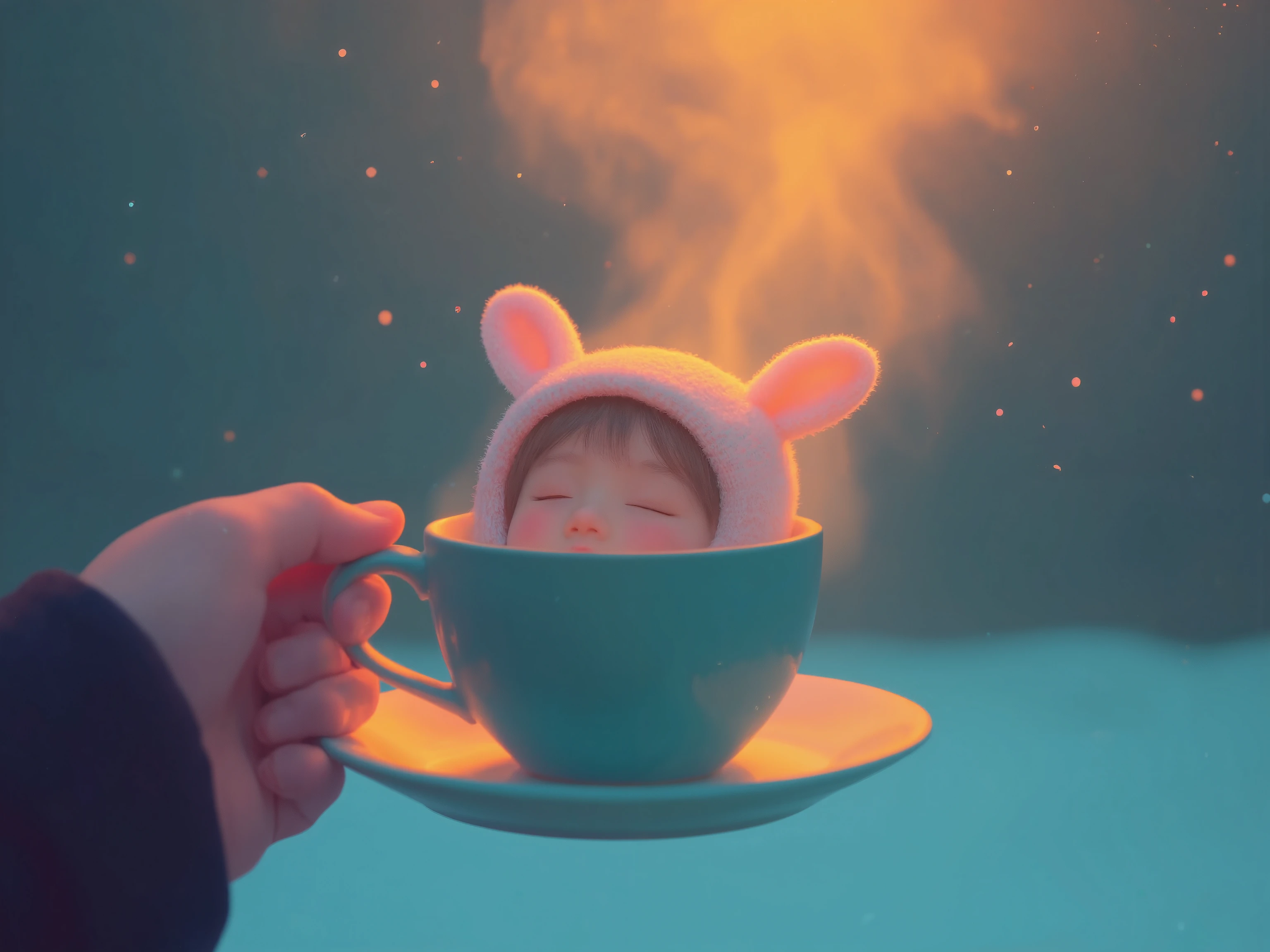 A close-up shot of a hand holding a coffee cup, with a girl wearing a bunny-ear knitted hat lying inside the cup. Steam rises from the coffee, while snowflakes gently fall outside. The soft, warm light creates a cozy atmosphere, with a blurred background enhancing the peaceful scene
