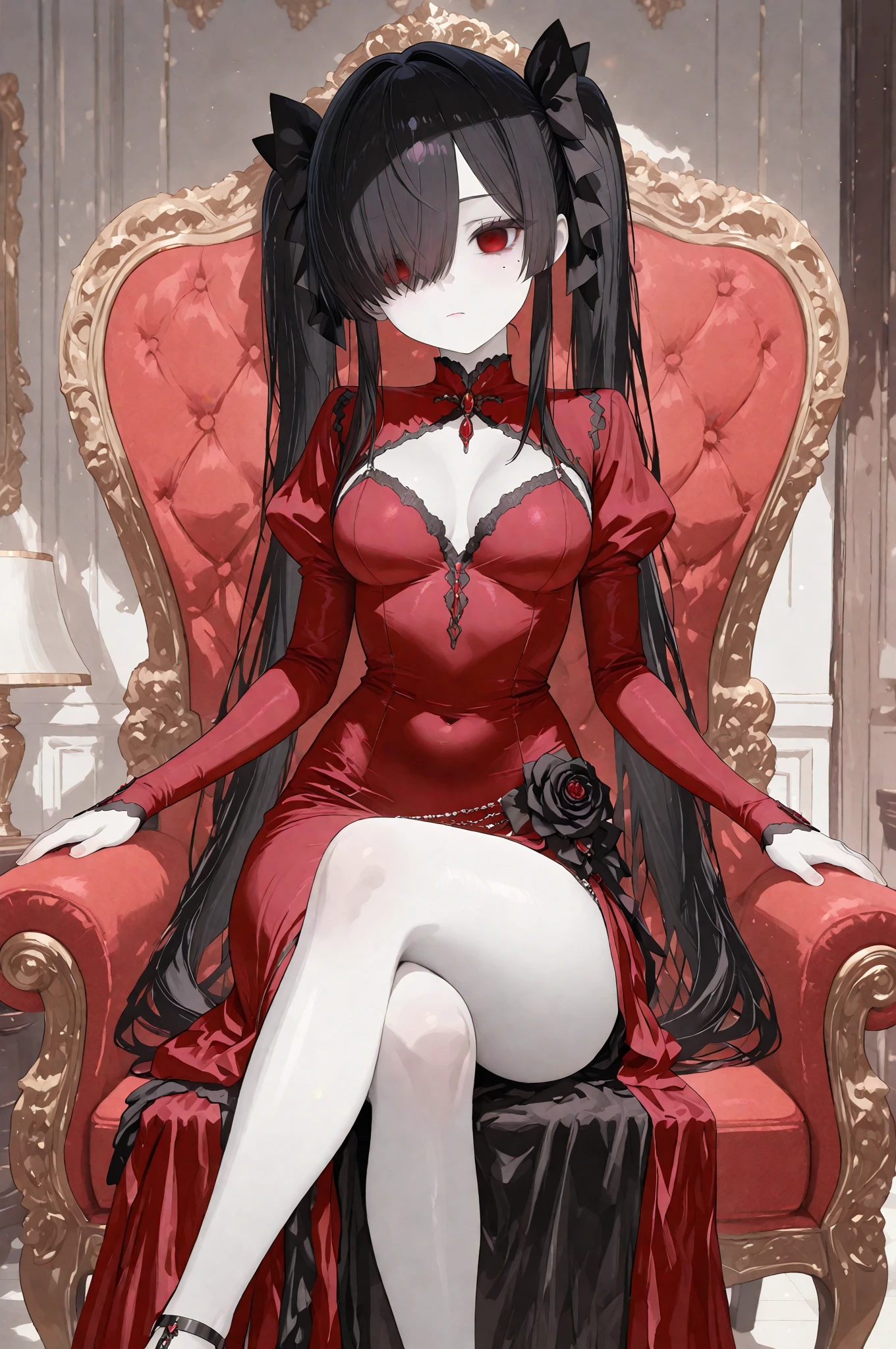 ((True best masterpiece, Ultimately perfect quality, Extremely delicate details)), ((Vampire, Evil, Nightmare, Insanity, Crazy, Horror)), A vampire girl, With black hair, With glowing red eyes, With flat bust, Sitting on the throne, Queen, Lord, Noble, Loyalty