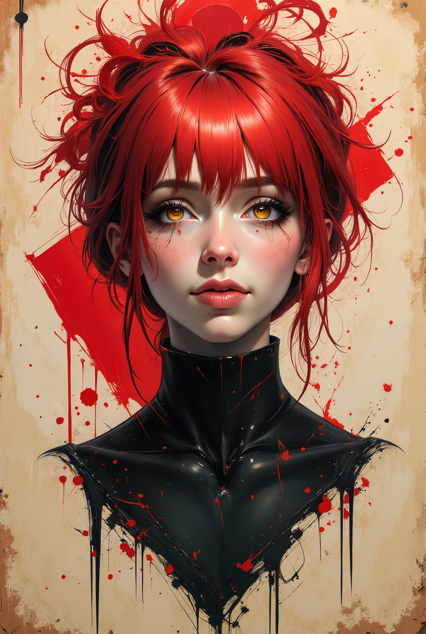 a female portrait, black and white sketch painting, old yellowed parchment, ink blots, bold black strokes, simple composition, striking usage of minimal red strokes, touching, kind eyes, elaborate red hair, dark makeup, MAKIMA