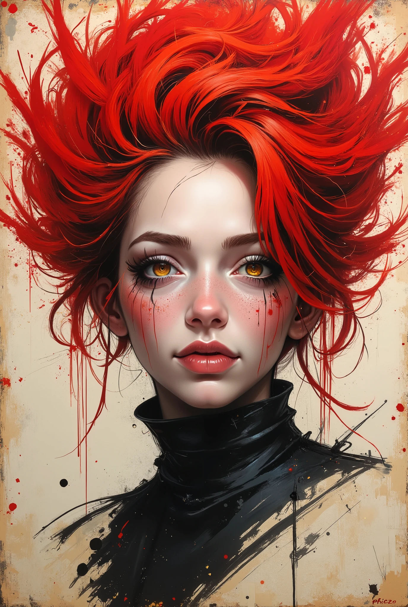 a female portrait, black and white sketch painting, old yellowed parchment, ink blots, bold black strokes, simple composition, striking usage of minimal red strokes, touching, kind eyes, elaborate red hair, dark makeup, MAKIMA
