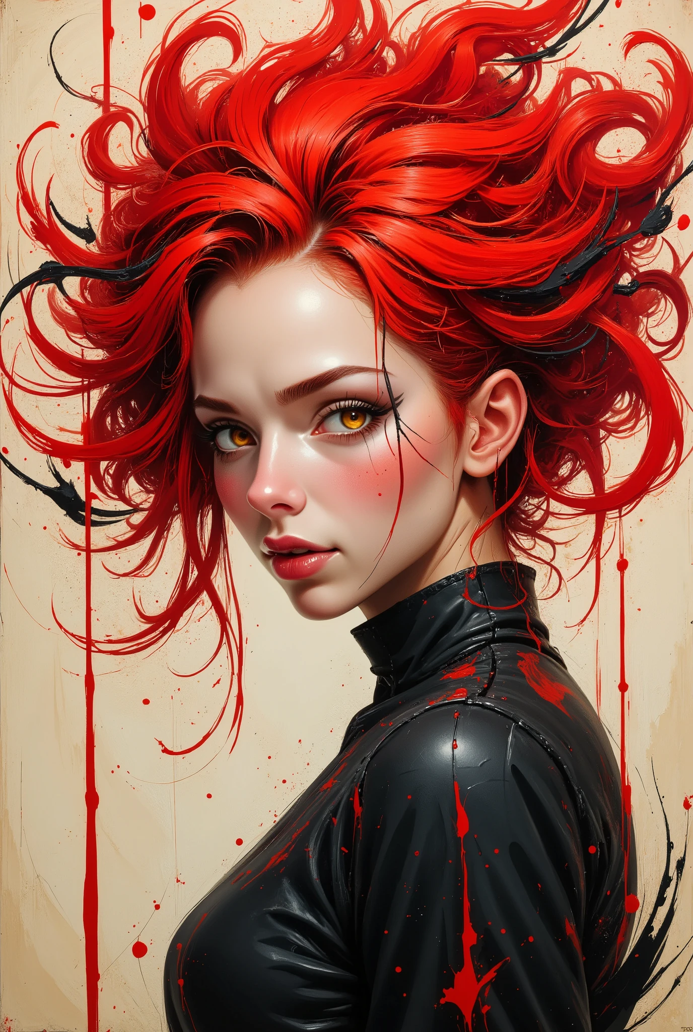 a female portrait, black and white sketch painting, old yellowed parchment, ink blots, bold black strokes, simple composition, striking usage of minimal red strokes, touching, kind eyes, elaborate red hair, dark makeup, MAKIMA