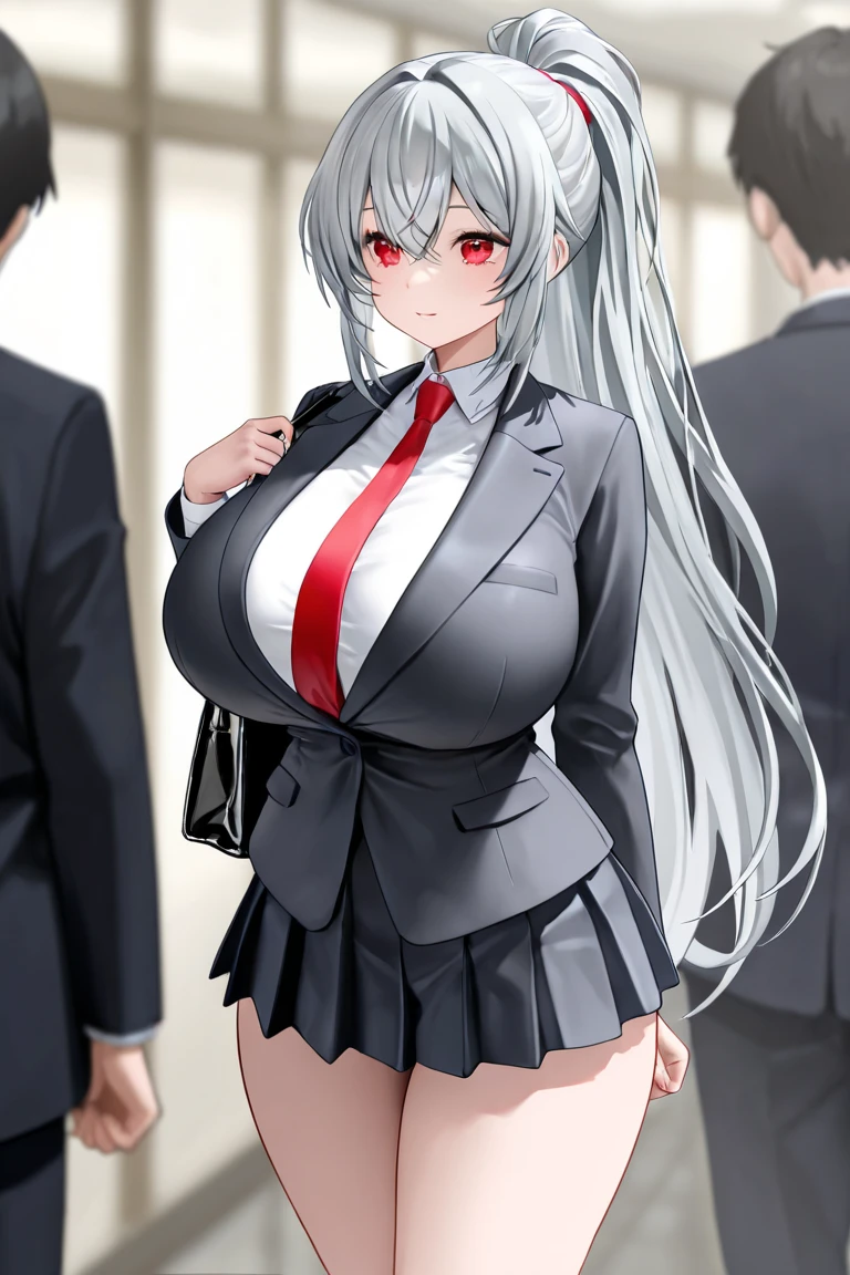  huge breasts 、Gray Hair、 long hair、 ponytail、 red eyes、 ties、 suit、 skirt 、bag