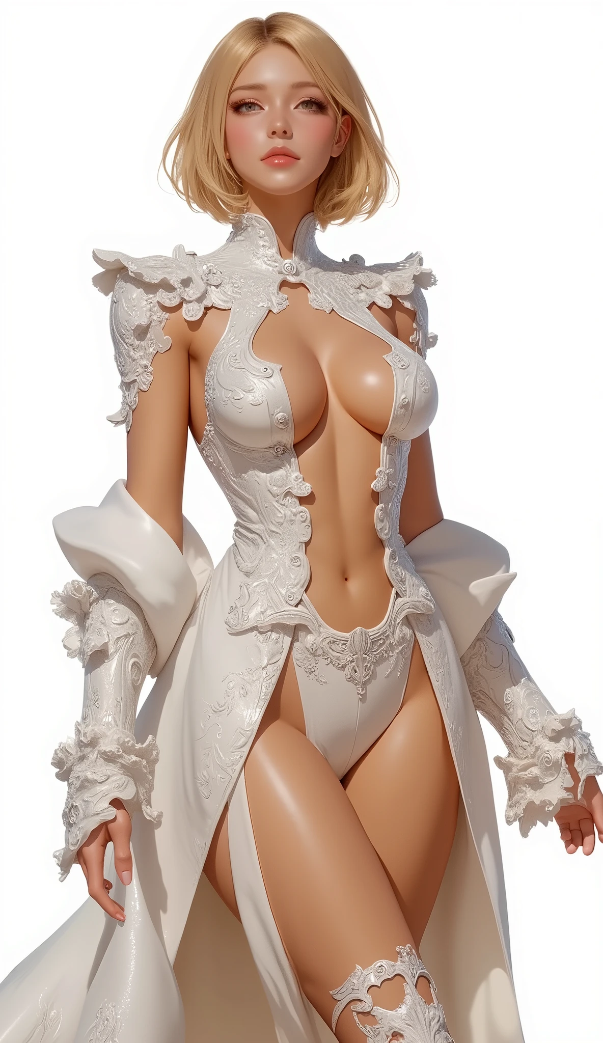 Final Fantasy style , Takahashi Kazunari's masterpiece , 1 girl, beautiful, enchantment, Final Fantasy characters, hero , goddess, Warrior, Wizard, Masterpiece, best quality , white background , concept art , blondes, short hair, (( big breasted , Deep Cleavage )), sexy long legs, (( full body shot ))