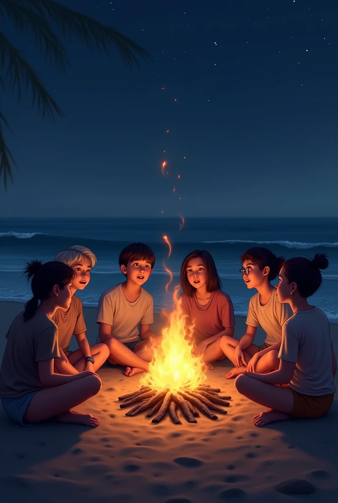 4 boys sitting in front of sea with born fire sad together