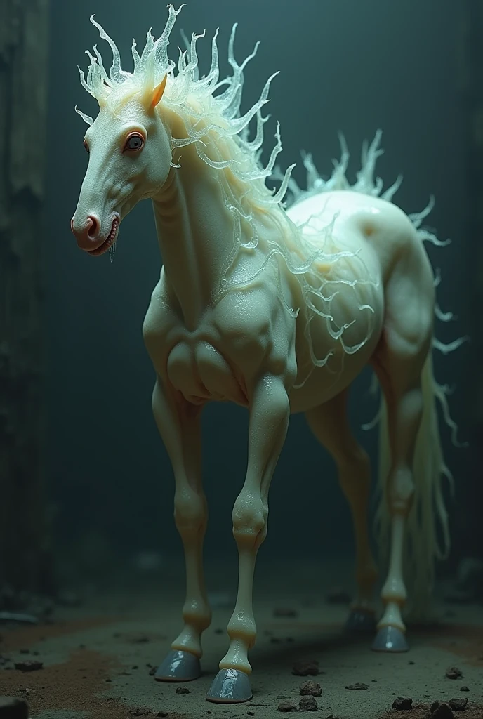A super skinny white horse-headed human with big messy hair kissing the camera