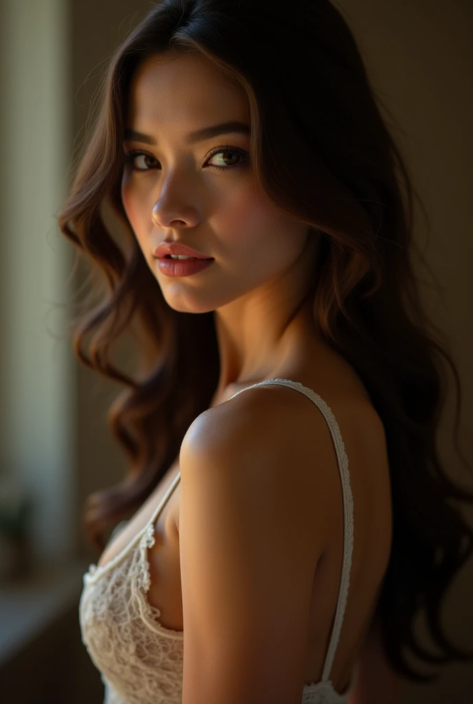 a beautiful woman, detailed face, detailed eyes, detailed lips, long eyelashes, elegant pose, graceful figure, flowing dress, soft lighting, warm colors, cinematic composition, photorealistic, highly detailed, 8k, masterpiece, concept art