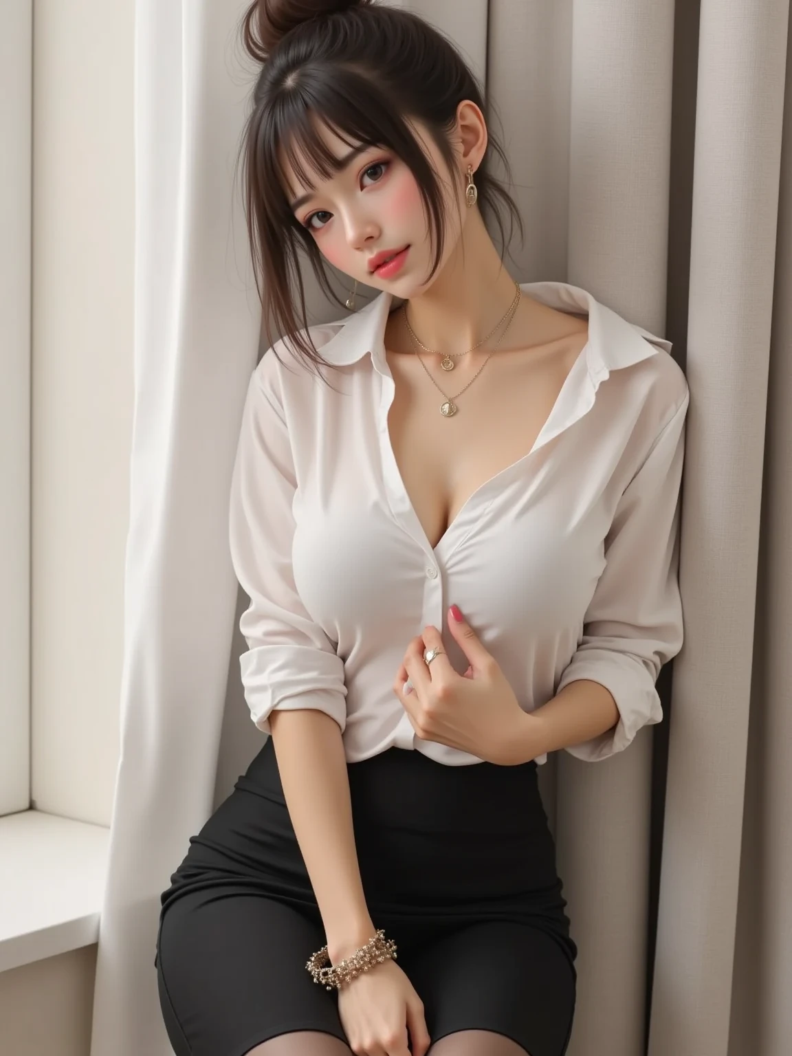1 girl in、(Erika)Pose in front of the camera、(looking at viewert:1.2)、A smile、length hair、((pantyhose))、((Blouse))、((a miniskirt))、Bedroom、((pencil skirts))