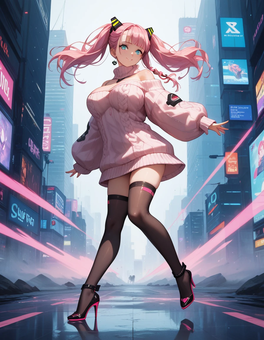 (best quality:1.2), (ultra-detailed:1.2), (2.5D:1.2), (Anime Moe Art Style), (no broken hands), ((Supermodel)), ( photoshoot), , ultra cute woman, pink hair, two side up, Cyan eyes, gradient eyes, large , detailed skin, braided pink hair, black thighhighs, oversized sweater, high heels, (sassy pose:0.8), cyberpunk, volumetric fog,