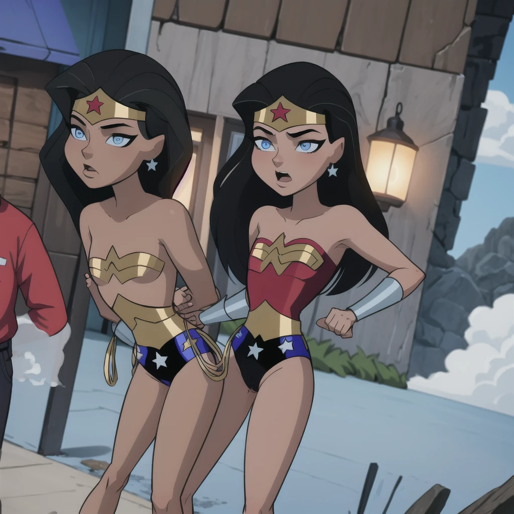 ((2heads)),conjoined dicephalus,masterpiece, Best quality at best, 1girl, Wonder Woman, Large breasts,(cleavage),(upperbody closeup),Raised sexy,is shy,smile, long flowing hair, (Green eyeballs:1.4), the city building, busty figure, wonder woman uniform, white skin girl, fair skin, light skin, white ethnicity, white race, beautiful European beauty, beauty standards,full body, action shot, jumping in the air, hand punching a bear
