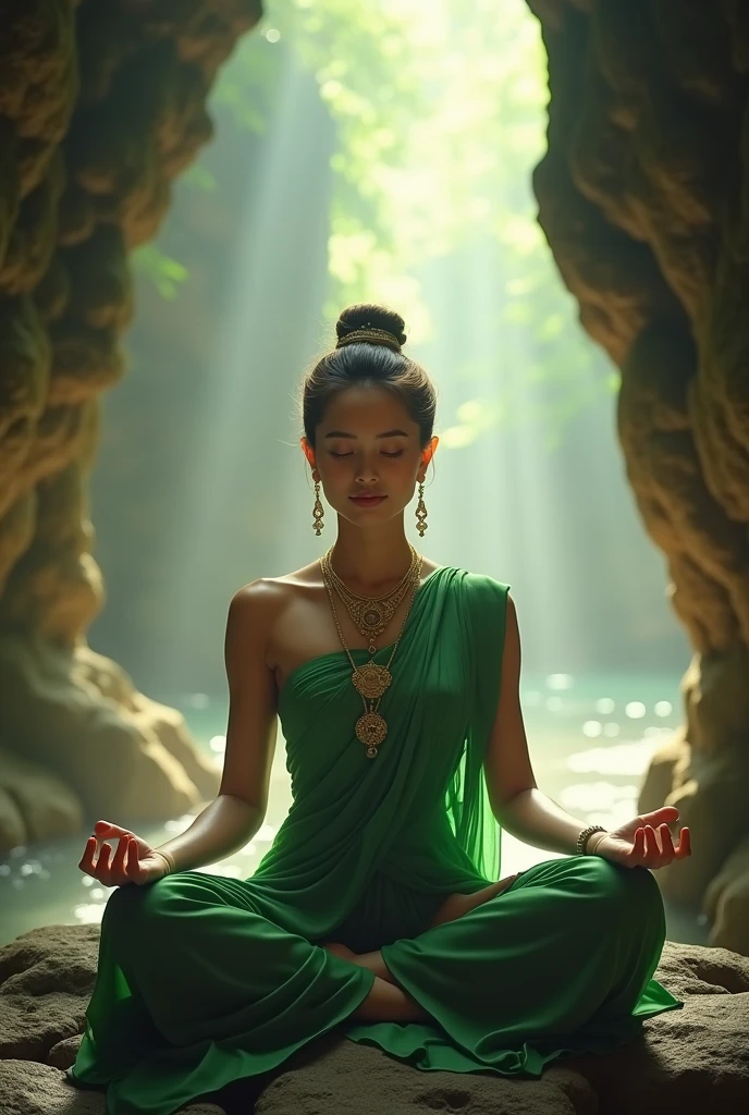 (Master parts:1.2),Best quality,Pisif,Taoist,(Meditation:1.1), soio,A sexy girl ,Meditation cross-legged， Bright green magic matrix, floats，Transparent,Realistic