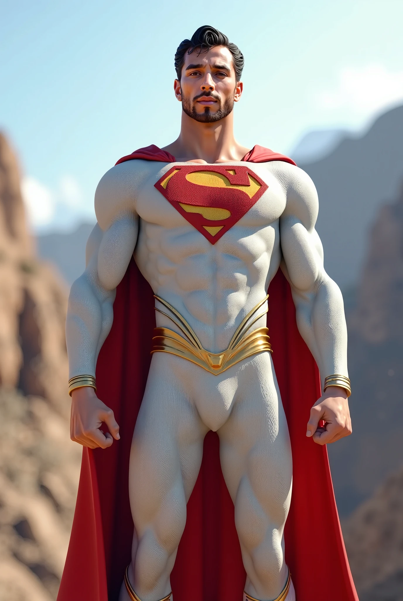 young attractive male guy with sweaty statuesque athletic body with body hair without underwear naked with big hairy penis attractive with short shaved blonde hair dressed in red hero suit with lightning bolt design on chest in park with greenery
