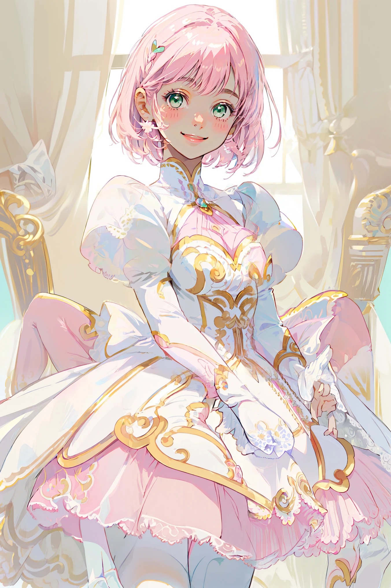Masterpiece, best quality , Alone, One Girl, pink hair , short hair while on a business trip, green eyes, small breasts, White and pink dress, glamorous dress , pink , Pink Skirt , white boots , white gloves, ( white pantyhose , white legwear :1.1)whole body, little:5, are cute , (Beautifully detailed face), ( Beautiful attention to detail ), ( beautiful detail hair ),((( Gentle Smile )))