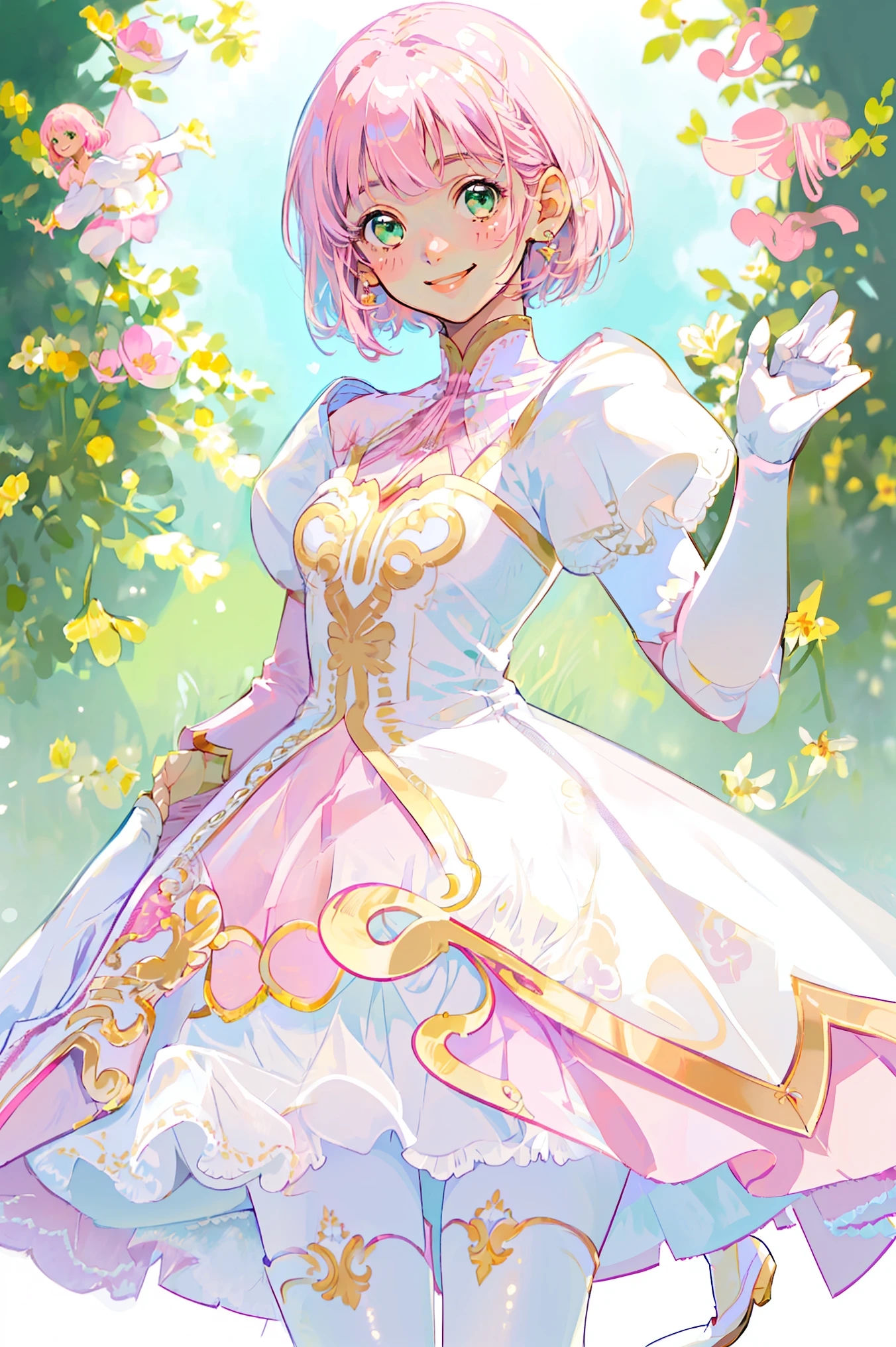 Masterpiece, best quality , Alone, One Girl, pink hair , short hair while on a business trip, green eyes, small breasts, White and pink dress, glamorous dress , pink , Pink Skirt , white boots , white gloves, ( white pantyhose , white legwear :1.1)whole body, little:5, are cute , (Beautifully detailed face), ( Beautiful attention to detail ), ( beautiful detail hair ),((( Gentle Smile )))