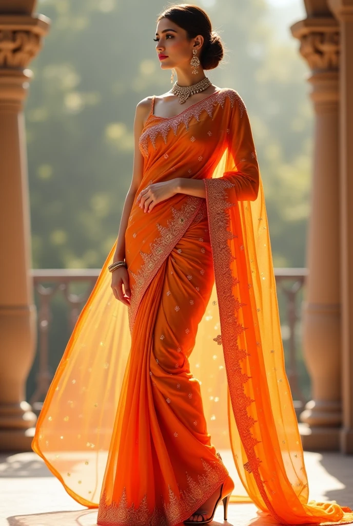 perfect Indian sexy wife with lavish folded net saree, HDR, 8k, hyper detailed, best quality, ultra-high resolution, HDR, 8k, walking on the lawn , look at viewer, waist level view, bright smile, wearing gold ornaments, casual pose , average body with 36 D size breasts,28 hip size and 36 waist size