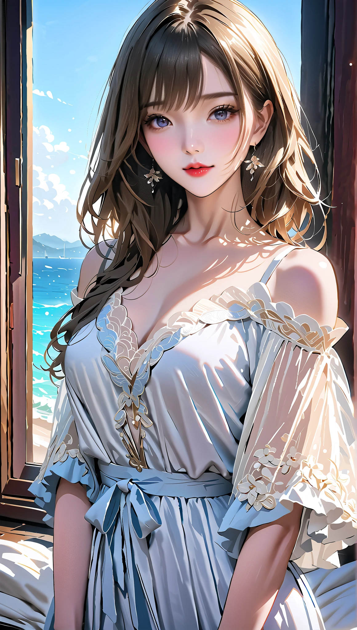 a woman in a dress is posing while she is holding a jacket, 1girl, realistic, brown hair, solo, jewelry, necklace, smile, long hair