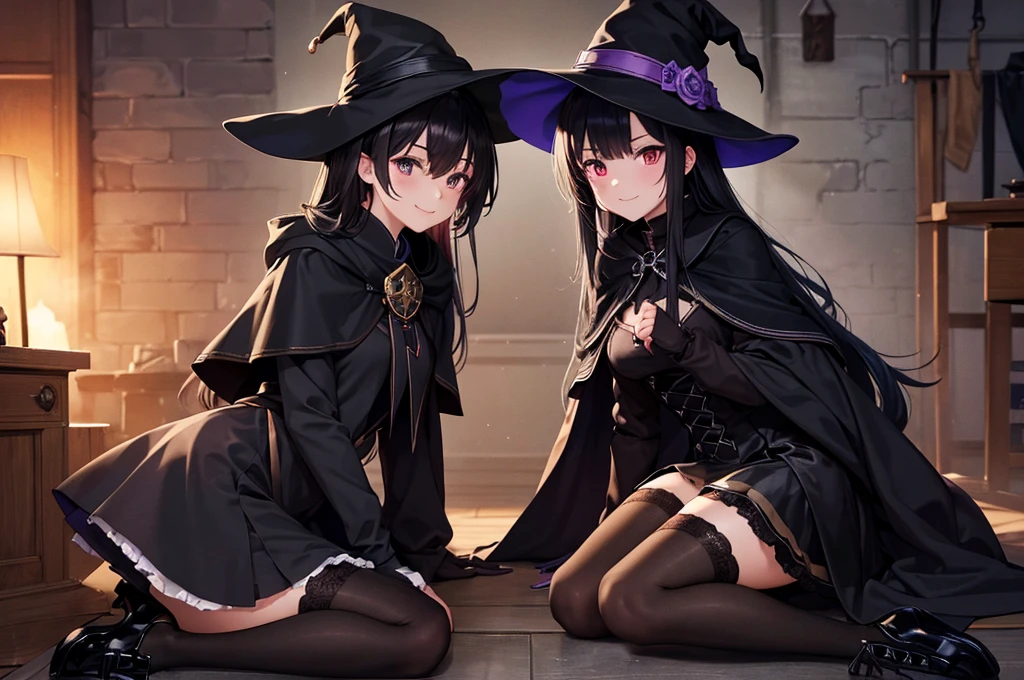 High image quality, high resolution, smooth gradation, vivid colors, A dark basement, a witch's crucible, mysterious smoke, two girls facing each other, a mysterious smile, a black cloak, a black student uniform, black stockings, black lace-up shoes, black hair, a high school girl,