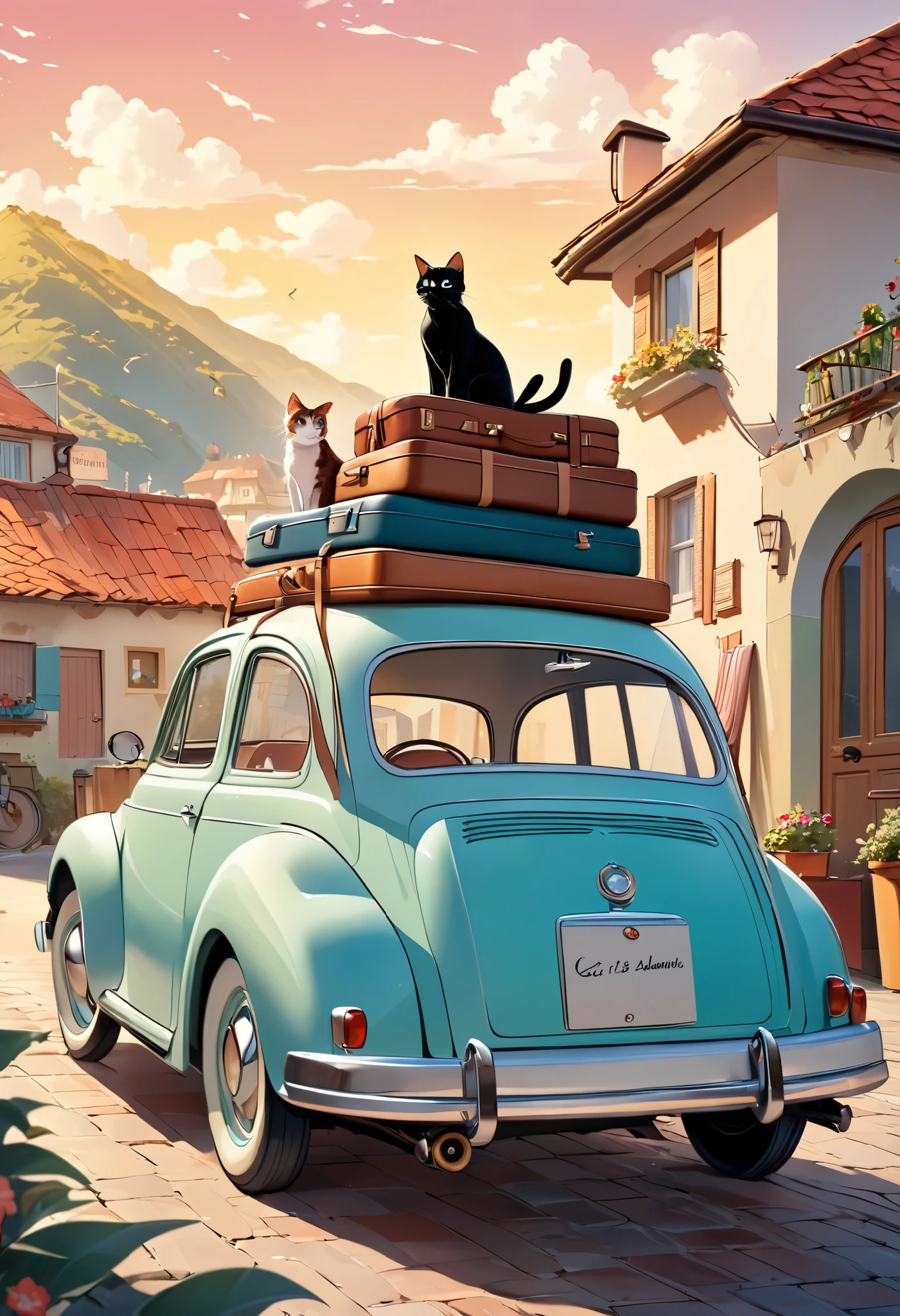 One adult woman and one cat , A woman sets out on a trip in a cute retro car , travel luggage piled up on the roof of the car , the cat is watching over it , what adventures await ahead...