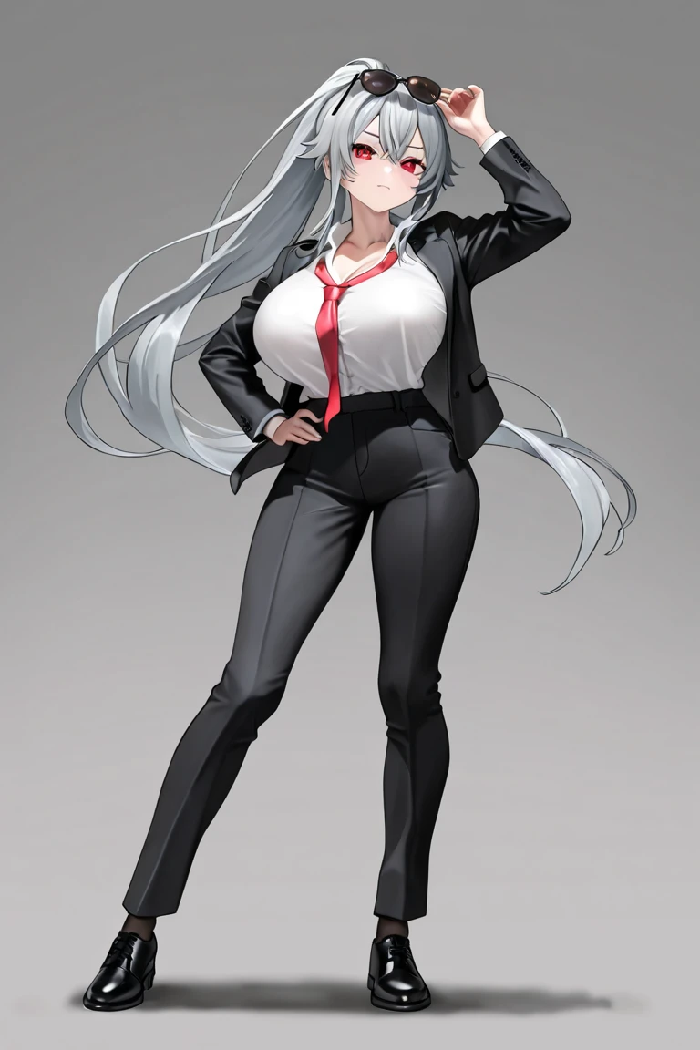 Loona from Helluva Boss, female wolf, anthro, fluffy cozy short white hair, grey eyes, mature adult, white shirt with tie, black pants, black shoes, serious, detailed, solo, beautiful, high quality, manhwa style, clear background, 4K