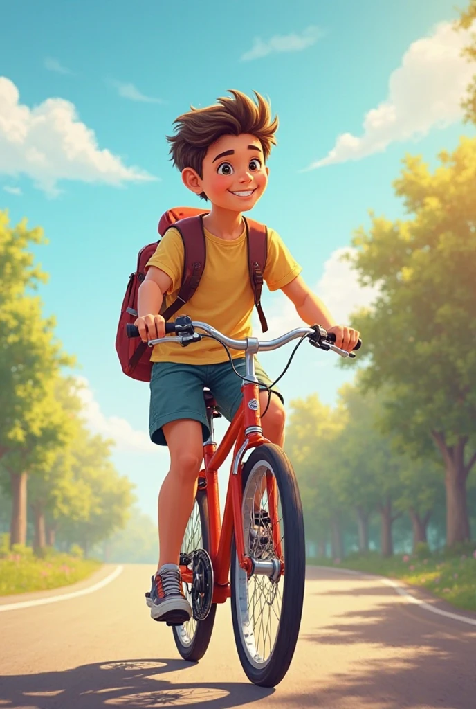 A boy with light sky blue t shirt and school bag sit on white
bicycle and the name on the pocket of shirt is YMS and Arpit