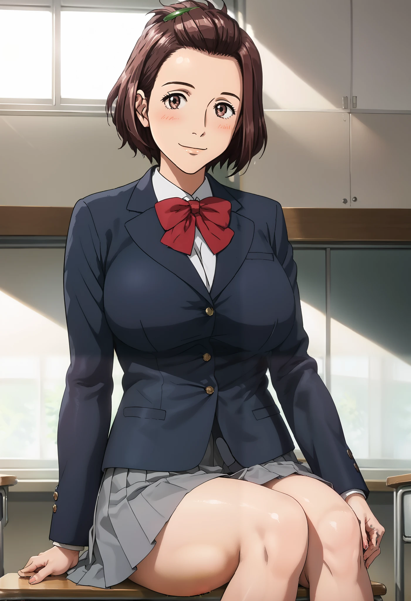 score_9, score_8_up, score_7_up, score_6_up, score_5_up, 1girl, Satomi Murano, brown eyes, brown hair, sidelocks, short hair, forehead, hair ornament, green hairclip, school uniform, blazer, collared shirt,red bowtie, pleated skirt, grey skirt, , ager, slim legs, slim body, big eyes, sexy, female focus, fantasy, expressive, skindentation, 1female, masterpiece, 32K HD, beautiful attention to detail, detailed eyes, shiny skin, showing lots of skin, wide lens, perfect hands, perfect eyes, 2d, anime, source_anime, anime screencap, hentai, source_hentai, flat shadows, anime coloring, flat colors, looking at viewer, zPDXL2, zPDXLxxx, mature content, nsfw, rating explicit, blush, closed mouth, clothed female, uncensored, indoors, school, classroom, knee out of frame, feet out of frame, smile, sitting, huge breasts,