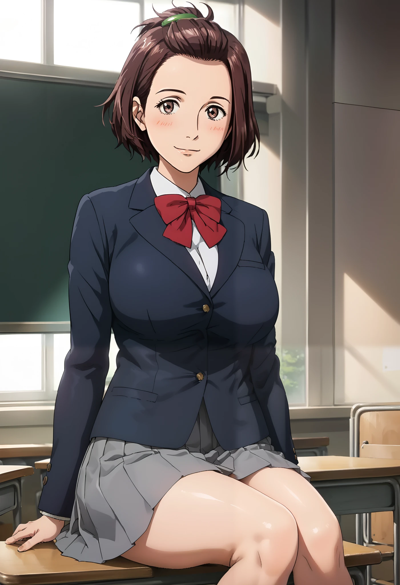 score_9, score_8_up, score_7_up, score_6_up, score_5_up, 1girl, Satomi Murano, brown eyes, brown hair, sidelocks, short hair, forehead, hair ornament, green hairclip, school uniform, blazer, collared shirt,red bowtie, pleated skirt, grey skirt, , ager, slim legs, slim body, big eyes, sexy, female focus, fantasy, expressive, skindentation, 1female, masterpiece, 32K HD, beautiful attention to detail, detailed eyes, shiny skin, showing lots of skin, wide lens, perfect hands, perfect eyes, 2d, anime, source_anime, anime screencap, hentai, source_hentai, flat shadows, anime coloring, flat colors, looking at viewer, zPDXL2, zPDXLxxx, mature content, nsfw, rating explicit, blush, closed mouth, clothed female, uncensored, indoors, school, classroom, knee out of frame, feet out of frame, smile, sitting, huge breasts,