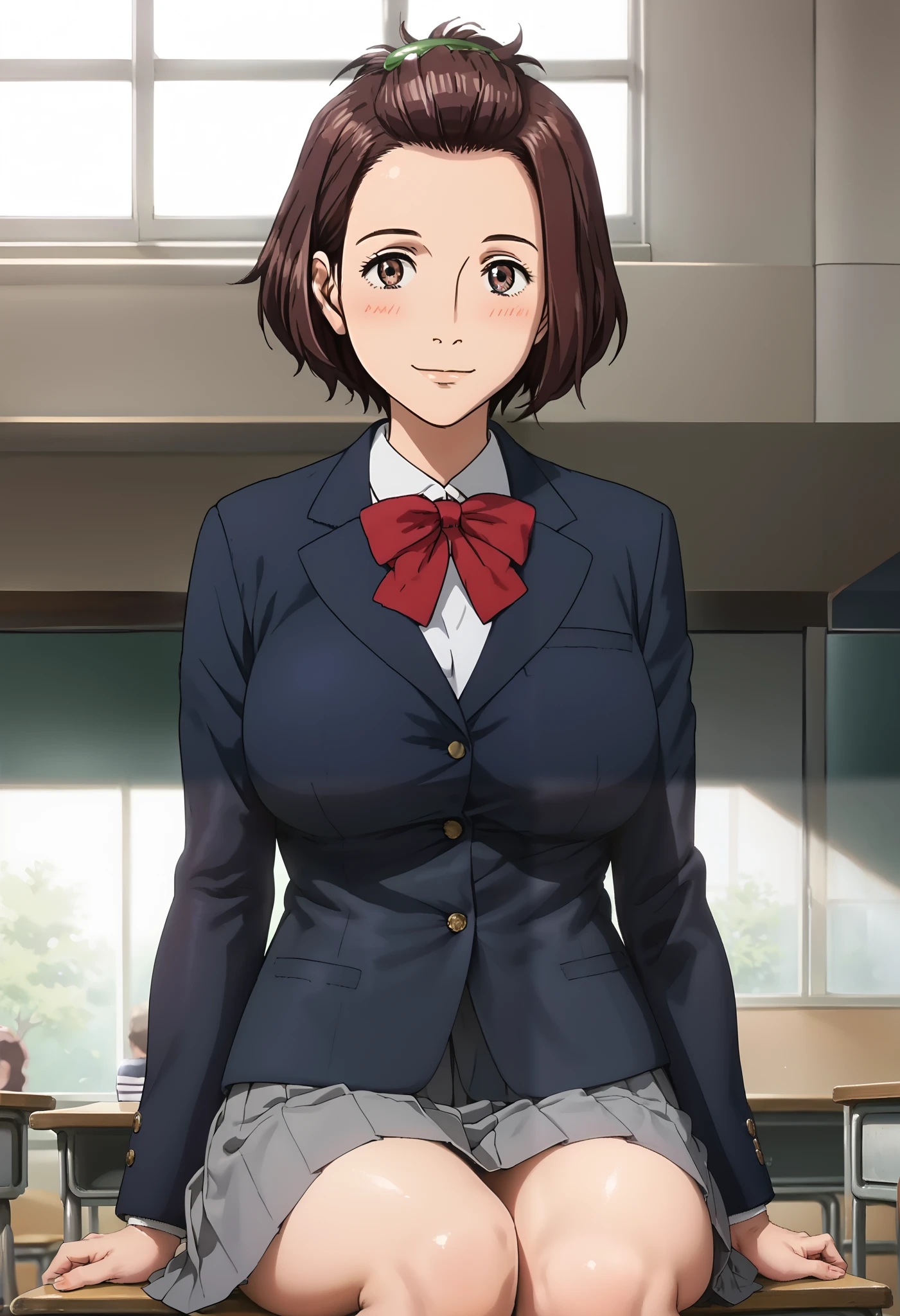 score_9, score_8_up, score_7_up, score_6_up, score_5_up, 1girl, Satomi Murano, brown eyes, brown hair, sidelocks, short hair, forehead, hair ornament, green hairclip, school uniform, blazer, collared shirt,red bowtie, pleated skirt, grey skirt, , ager, slim legs, slim body, big eyes, sexy, female focus, fantasy, expressive, skindentation, 1female, masterpiece, 32K HD, beautiful attention to detail, detailed eyes, shiny skin, showing lots of skin, wide lens, perfect hands, perfect eyes, 2d, anime, source_anime, anime screencap, hentai, source_hentai, flat shadows, anime coloring, flat colors, looking at viewer, zPDXL2, zPDXLxxx, mature content, nsfw, rating explicit, blush, closed mouth, clothed female, uncensored, indoors, school, classroom, knee out of frame, feet out of frame, smile, sitting, huge breasts,