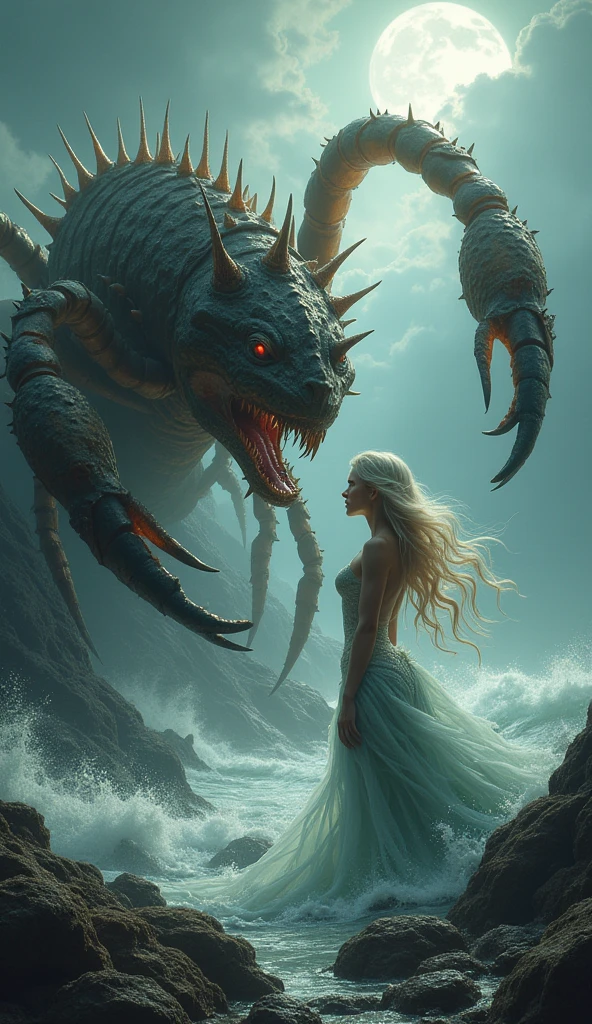 (best image quality, 4k, 8K, high resolution, masterpiece:1.2), (super detailed realisticphoto:1.37), (Serious situation:1.1), (A scene from an ancient Greek myth, hades leading persephone down the river styx.:1.2), (lady persephone, a beautiful blonde woman with chains around her wrists, far away, The upper half of a gigantic dragon hovers over the woman as she touches the river below her feet, ; Moderate: figure, Detailed figure, Digital figure, strong shadow (Firm texture:1.1), detailed: The rippling muscles of the monster's upper body, The monster's canine like face is snarling.; artistic style: dark fantasy, Scary mythical creatures, Dramatic Composition Color Palette: creepy lighting: The eerie moonlight casts an unforgettable shadow; The spotlight shines on the princess and the monster; (Amazingly powerful and realistic compositions by Greg Rutkowski:1.2)